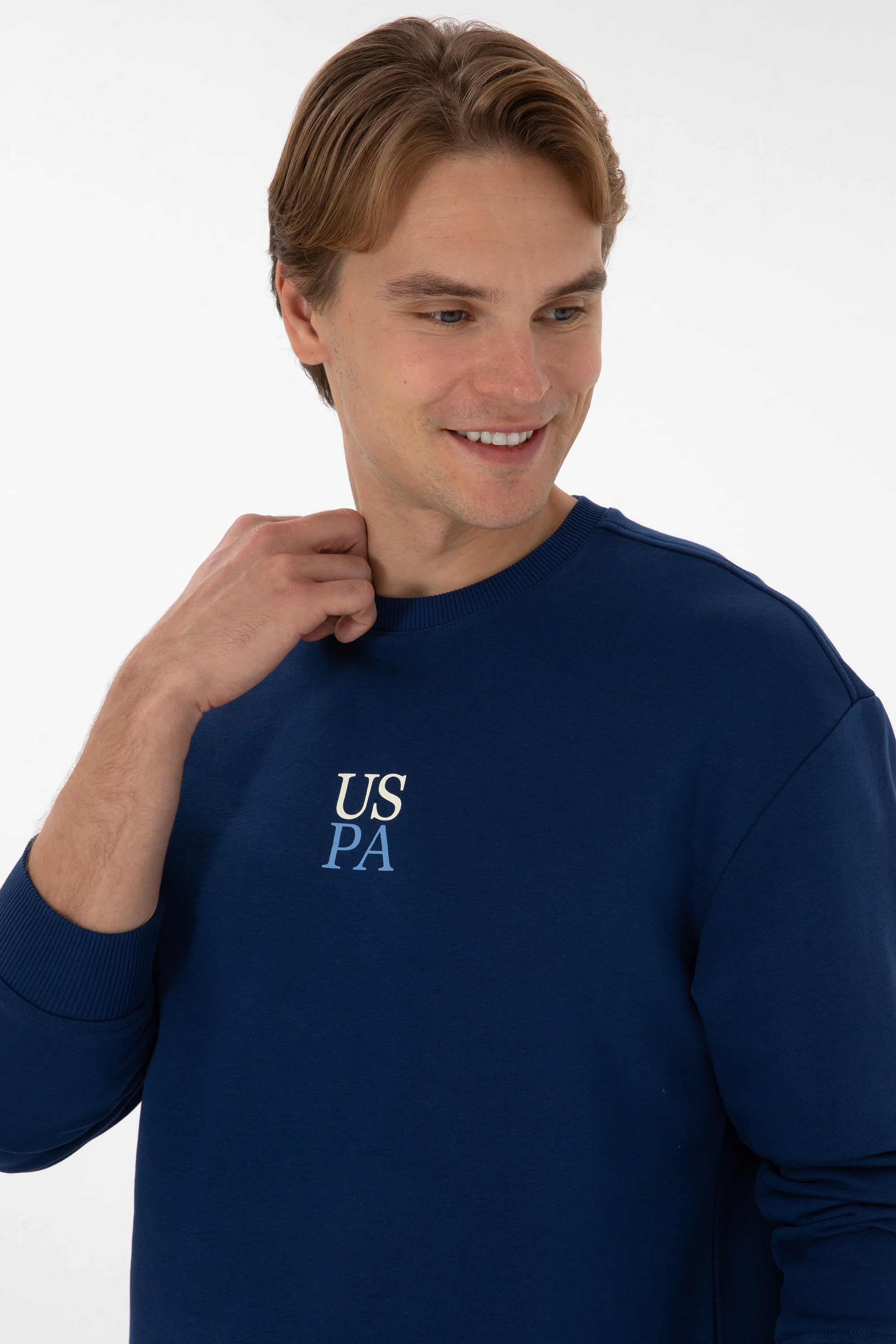 Erkek Bisiklet Yaka Comfort Fit İndigo Basic Sweatshirt - Image 3