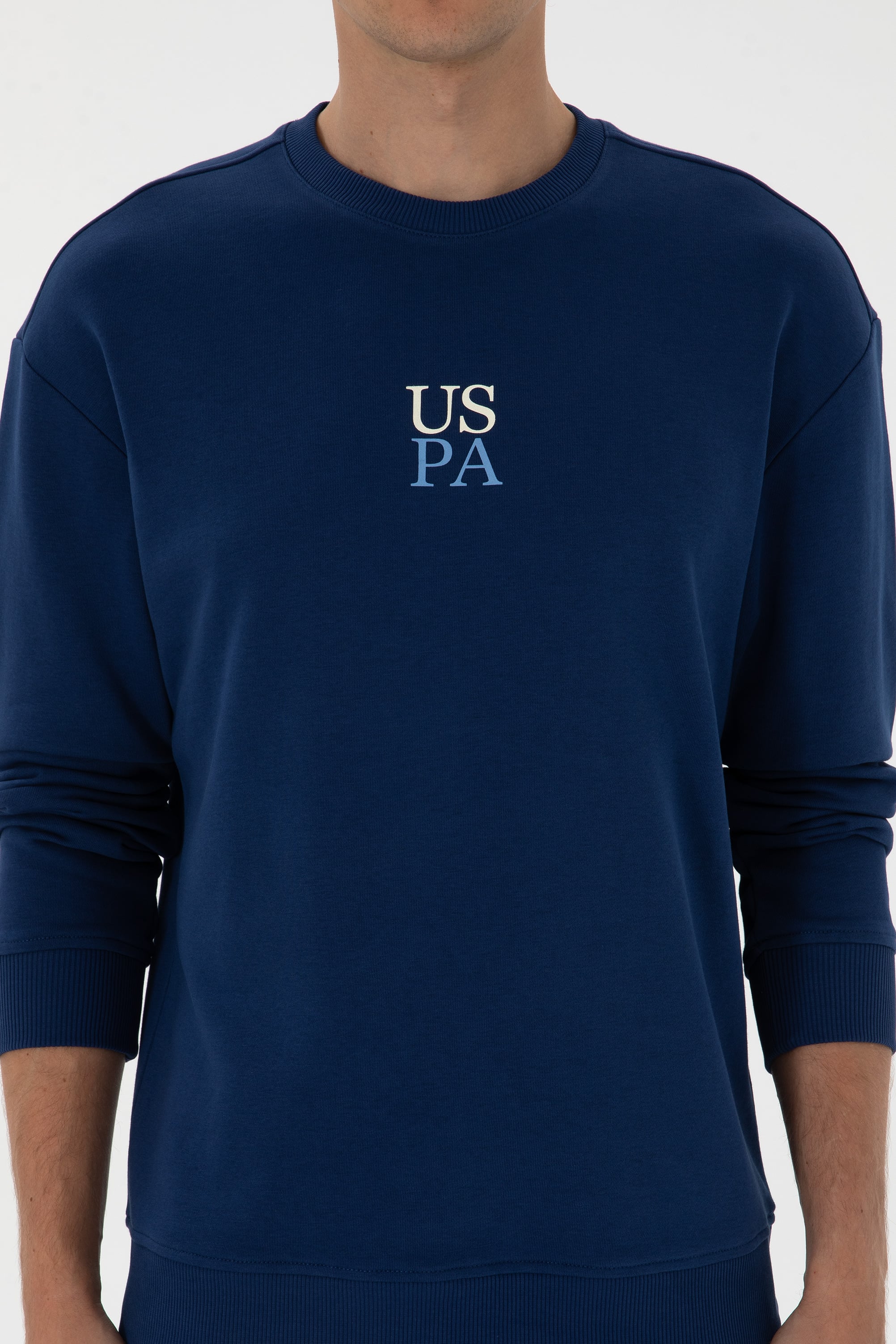 Erkek Bisiklet Yaka Comfort Fit İndigo Basic Sweatshirt