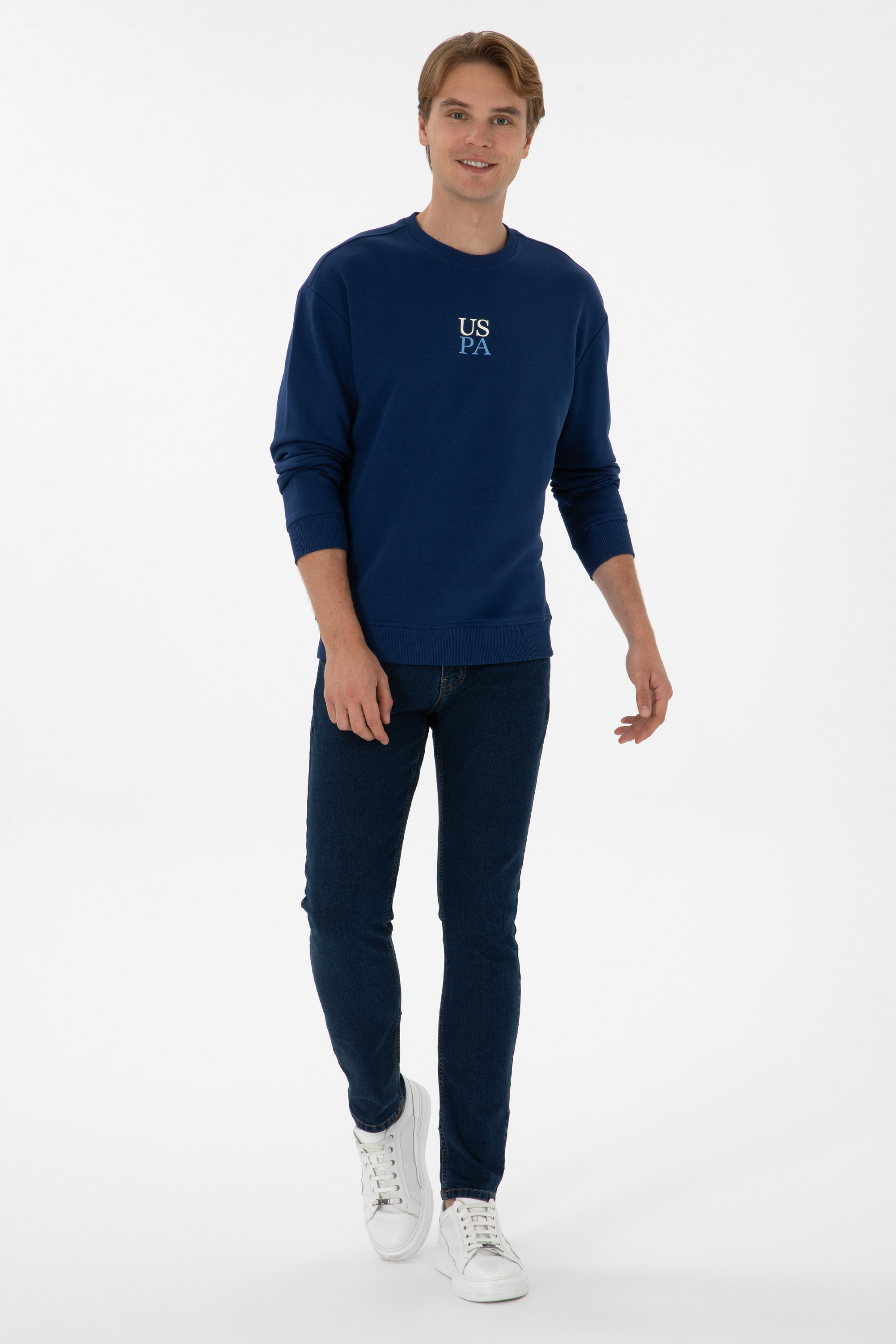 Erkek Bisiklet Yaka Comfort Fit İndigo Basic Sweatshirt - Image 4