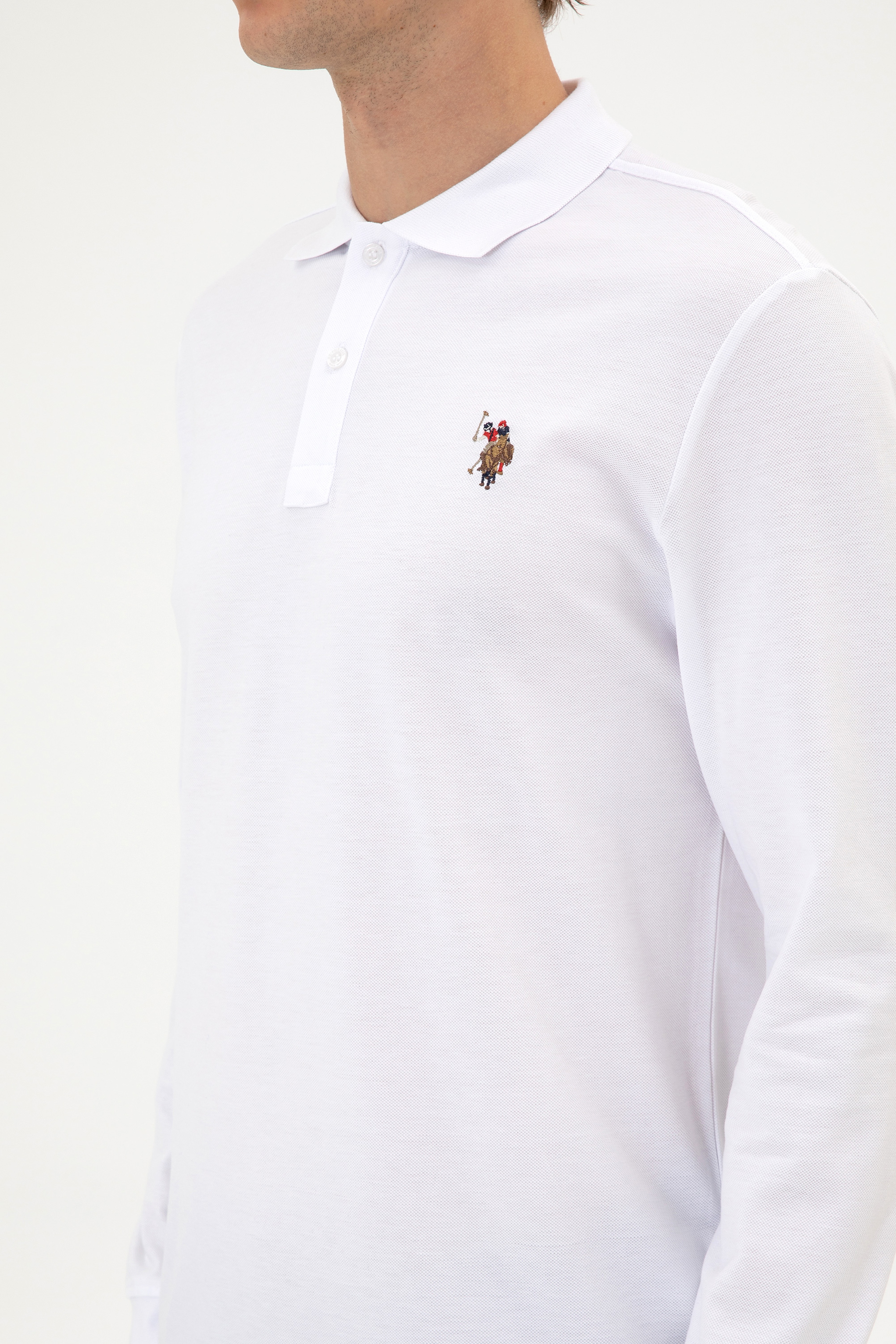 Erkek Regular Fit Polo Yaka Beyaz Basic Sweatshirt