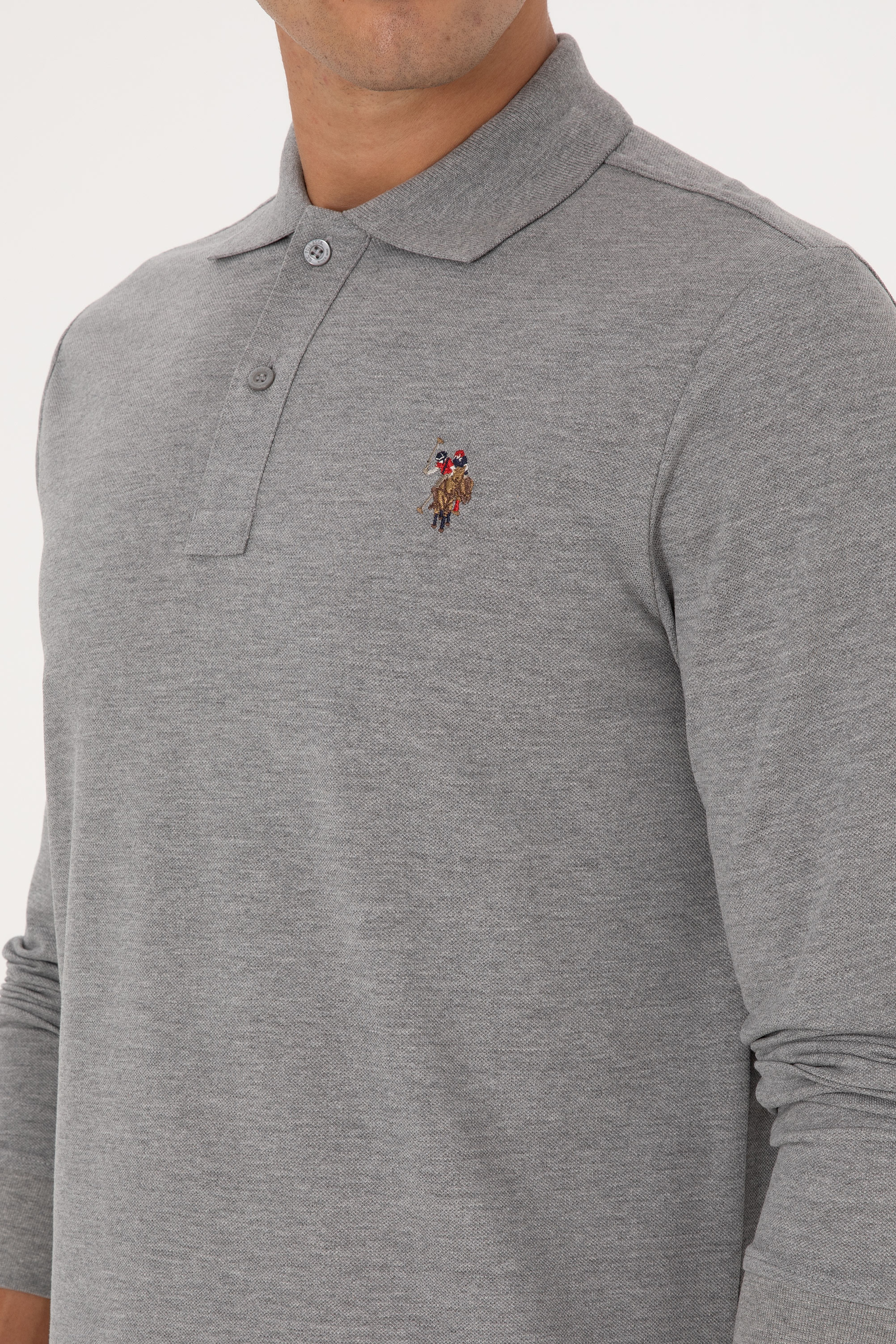 Erkek Regular Fit Polo Yaka Grı Melanj Basic Sweatshirt