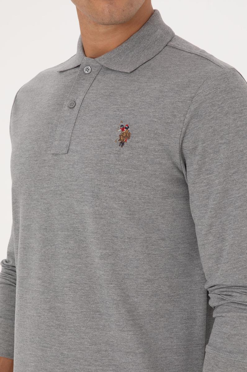 Erkek Regular Fit Polo Yaka Grı Melanj Basic Sweatshirt