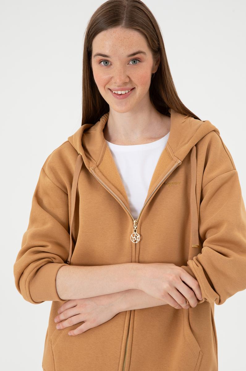 Kadın Camel Şardonlu Kapüşonlu Sweatshırt