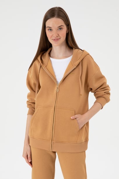 Kadın Camel Şardonlu Kapüşonlu Sweatshırt
