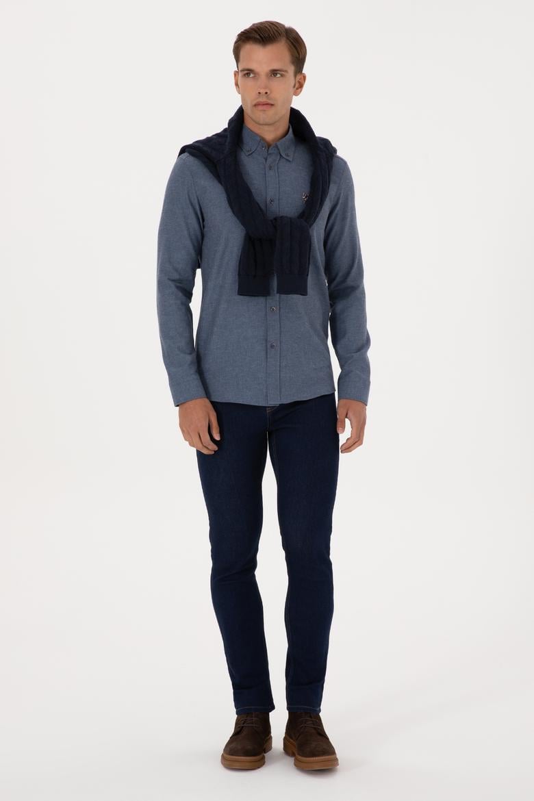 Erkek İndigo Uzun Kollu Basic Gömlek - 50307686050