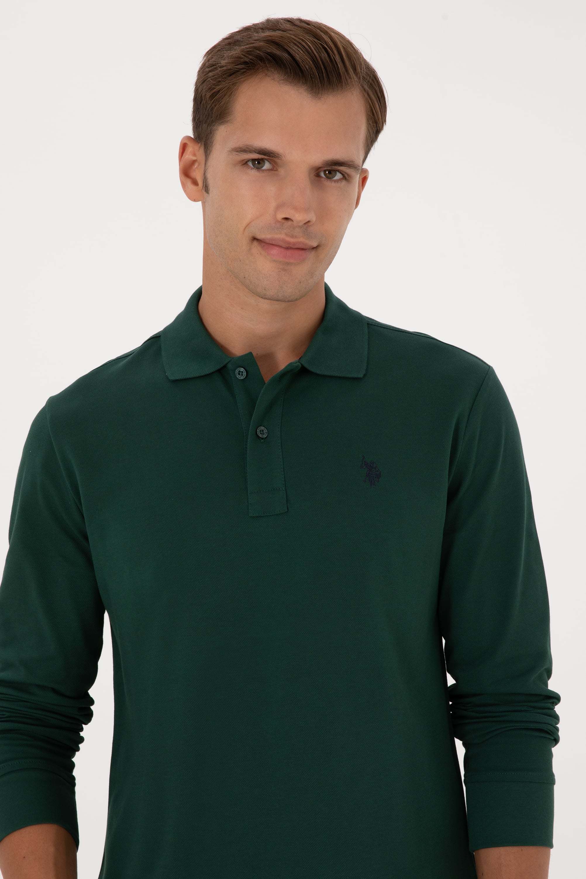 Erkek Regular Fit Polo Yaka Koyu Yeşil Basic Sweatshirt - Image 2