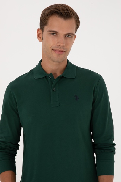 Erkek Regular Fit Polo Yaka Koyu Yeşil Basic Sweatshirt