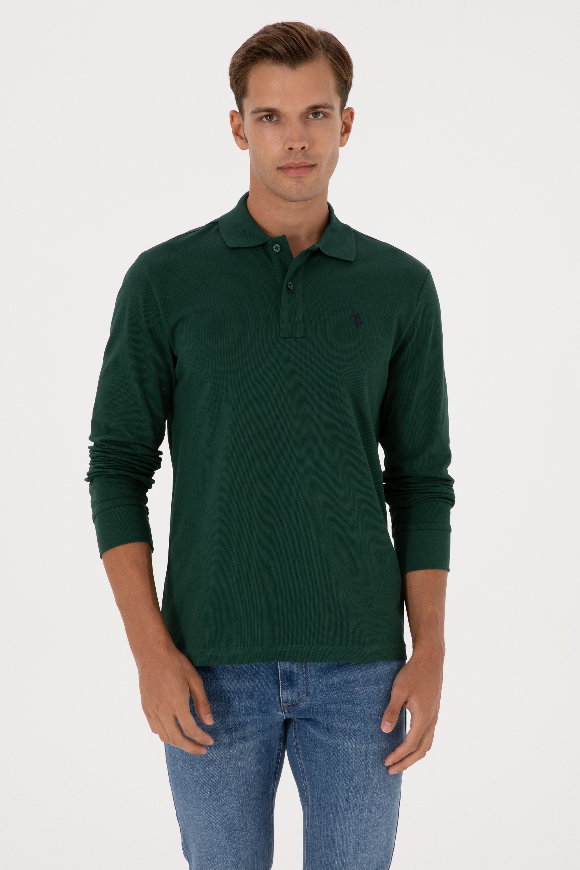 Erkek Regular Fit Polo Yaka Koyu Yeşil Basic Sweatshirt - Image 1