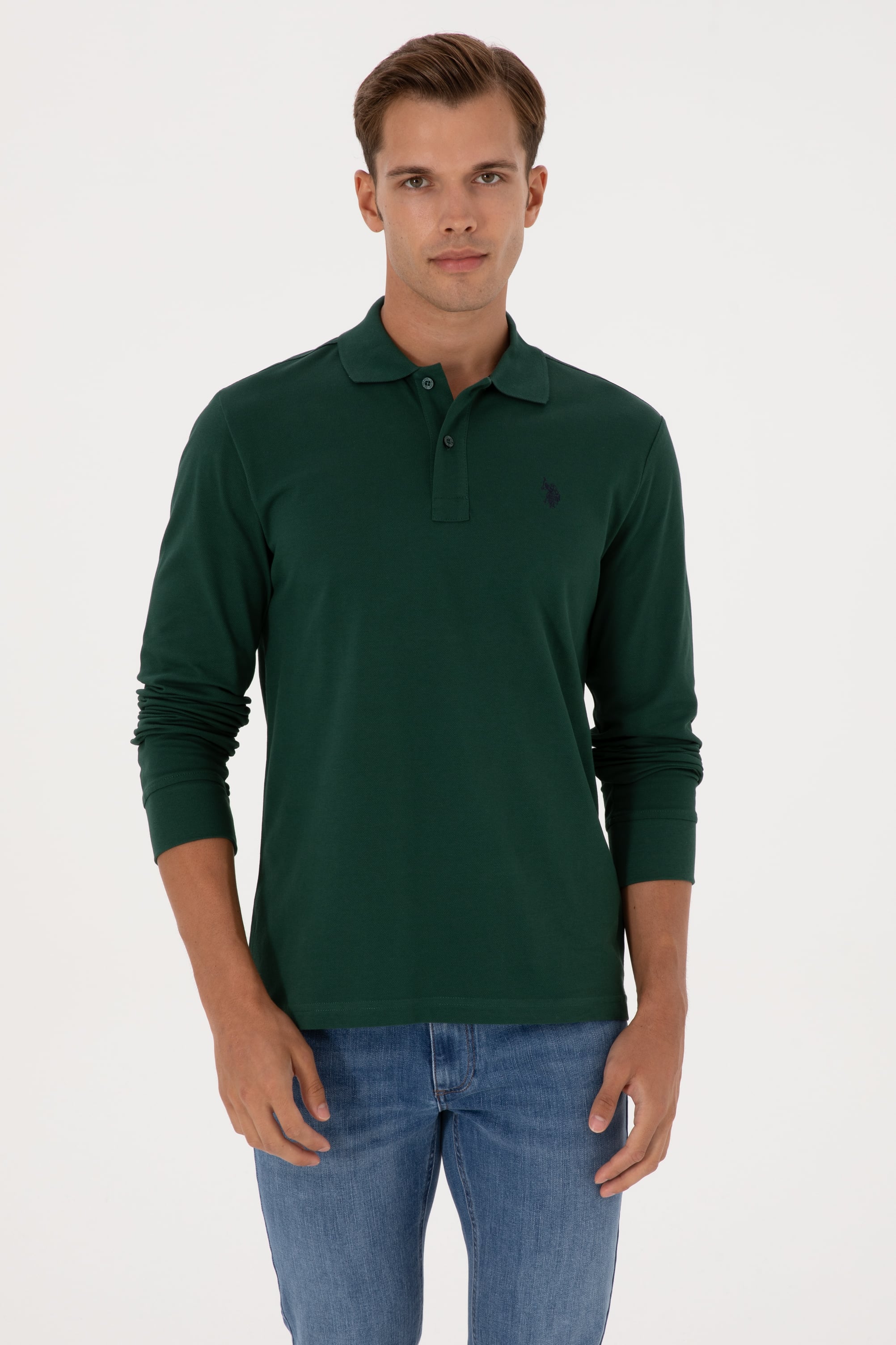 Erkek Regular Fit Polo Yaka Koyu Yeşil Basic Sweatshirt