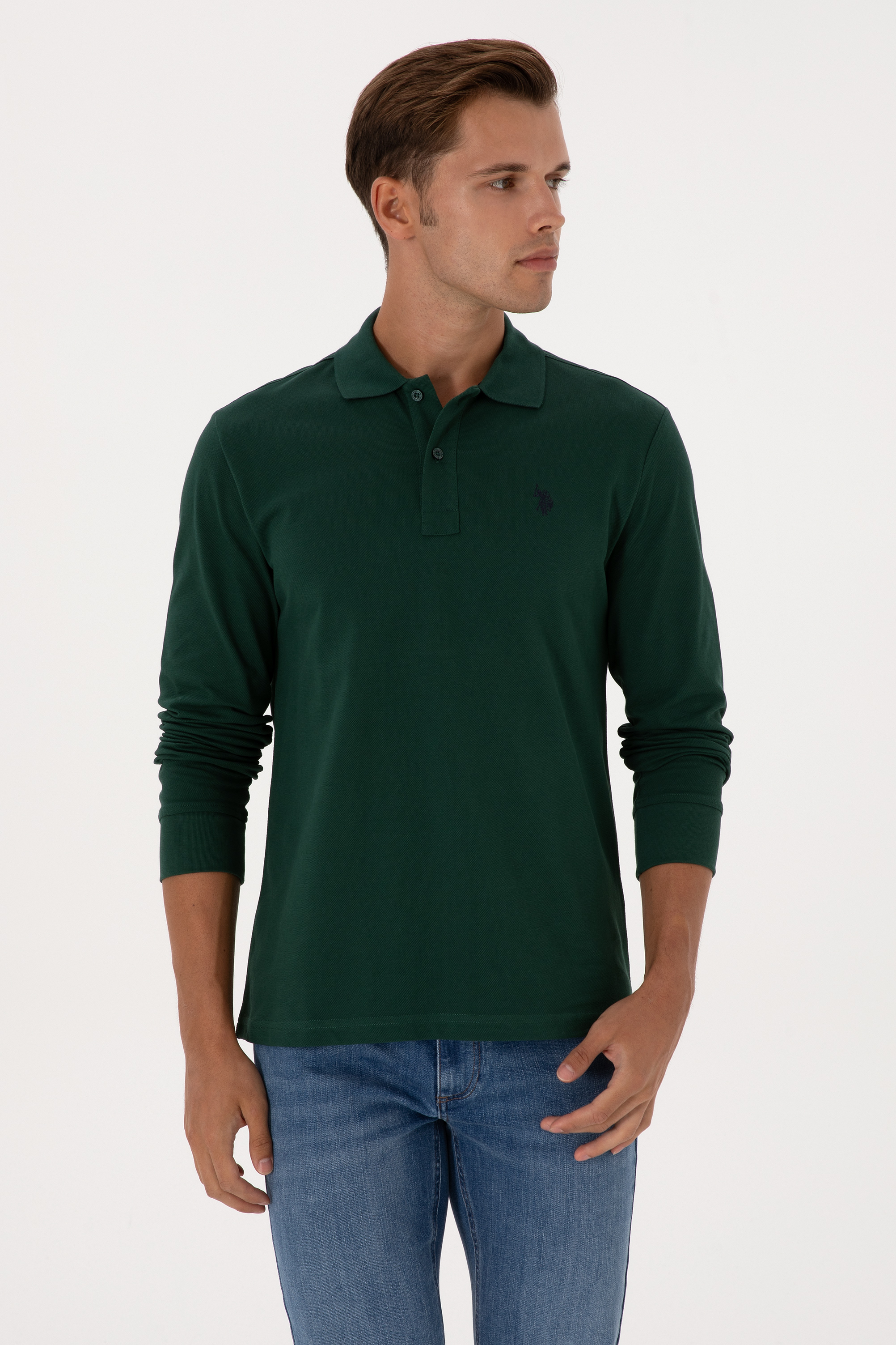 Erkek Regular Fit Polo Yaka Koyu Yeşil Basic Sweatshirt - Image 3