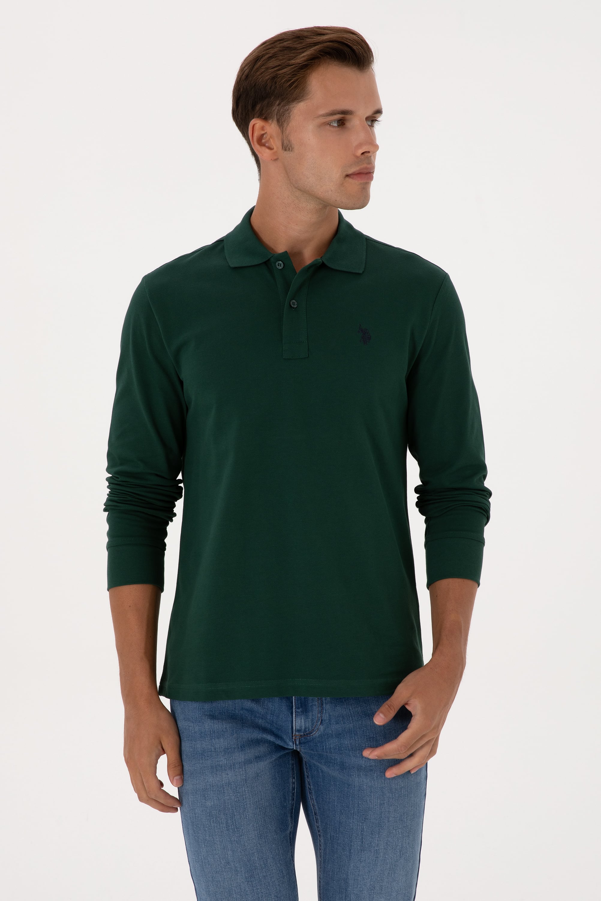 Erkek Regular Fit Polo Yaka Koyu Yeşil Basic Sweatshirt