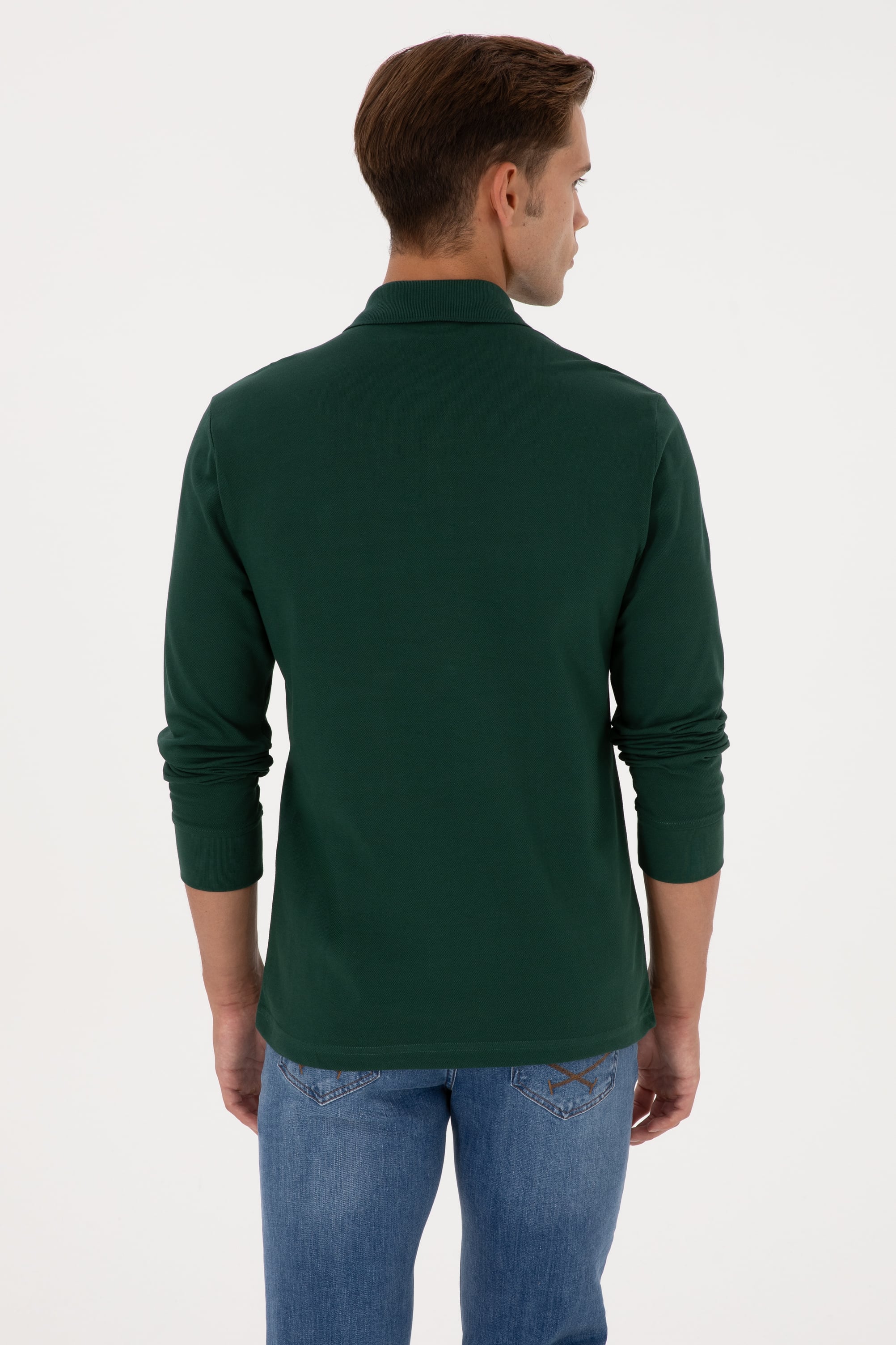Erkek Regular Fit Polo Yaka Koyu Yeşil Basic Sweatshirt
