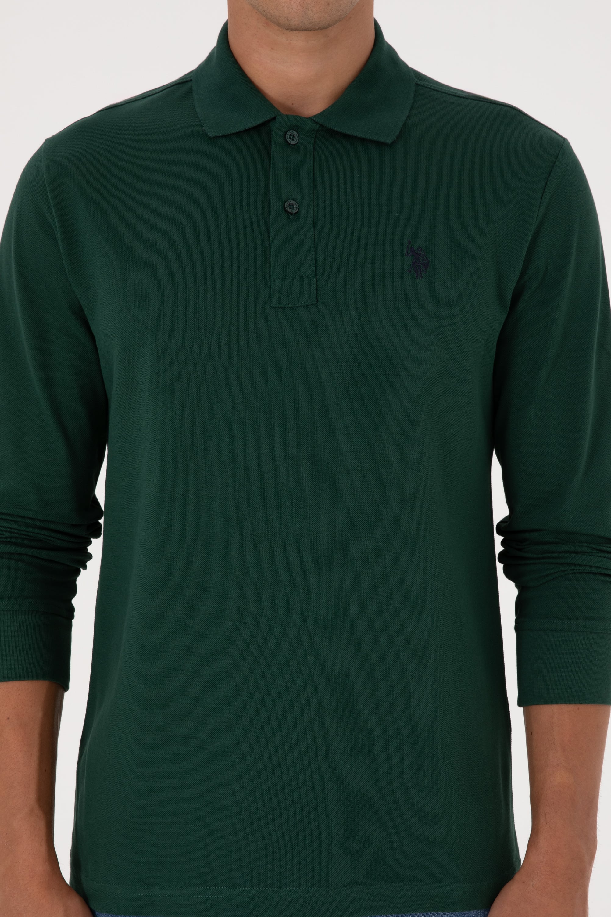 Erkek Regular Fit Polo Yaka Koyu Yeşil Basic Sweatshirt