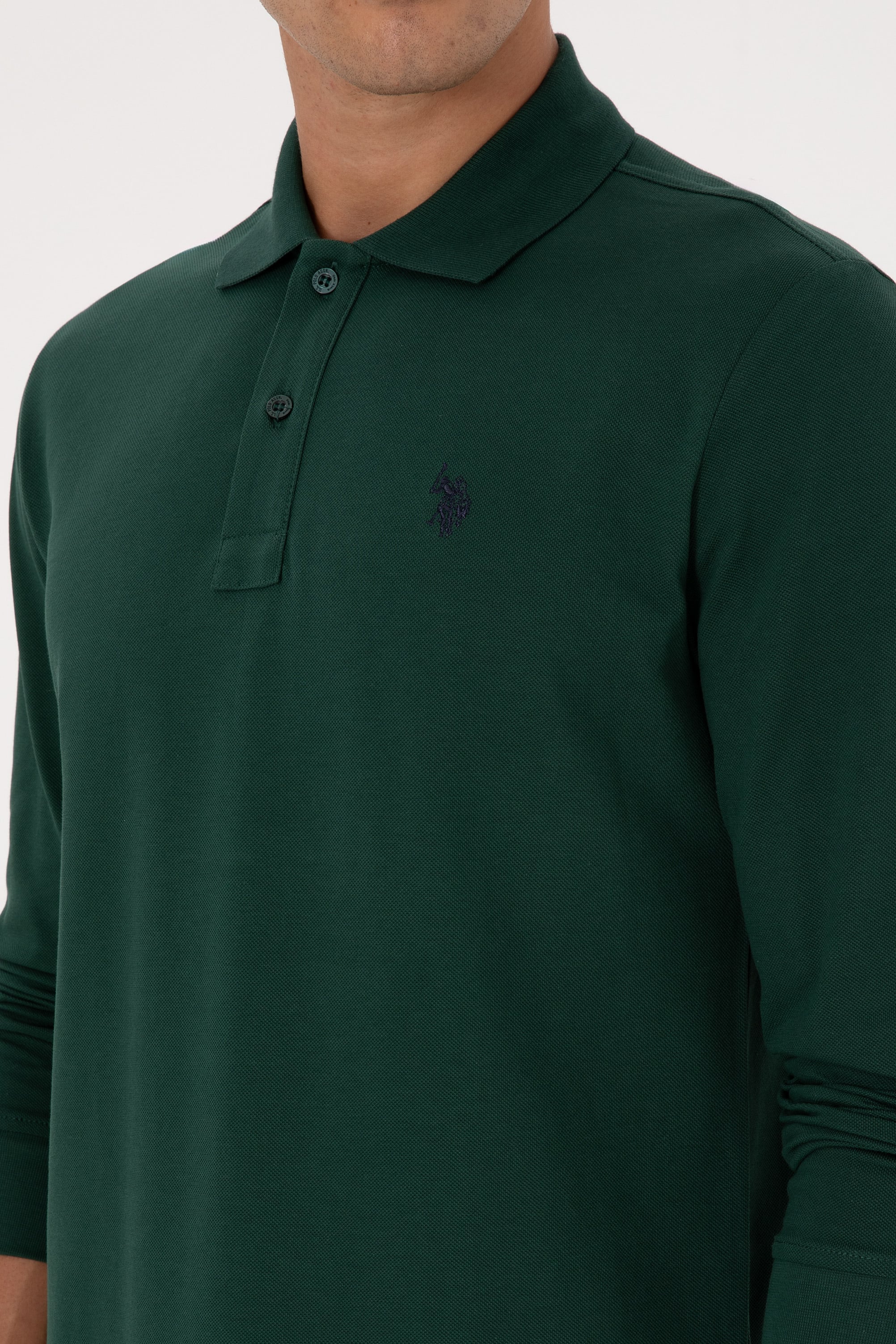 Erkek Regular Fit Polo Yaka Koyu Yeşil Basic Sweatshirt