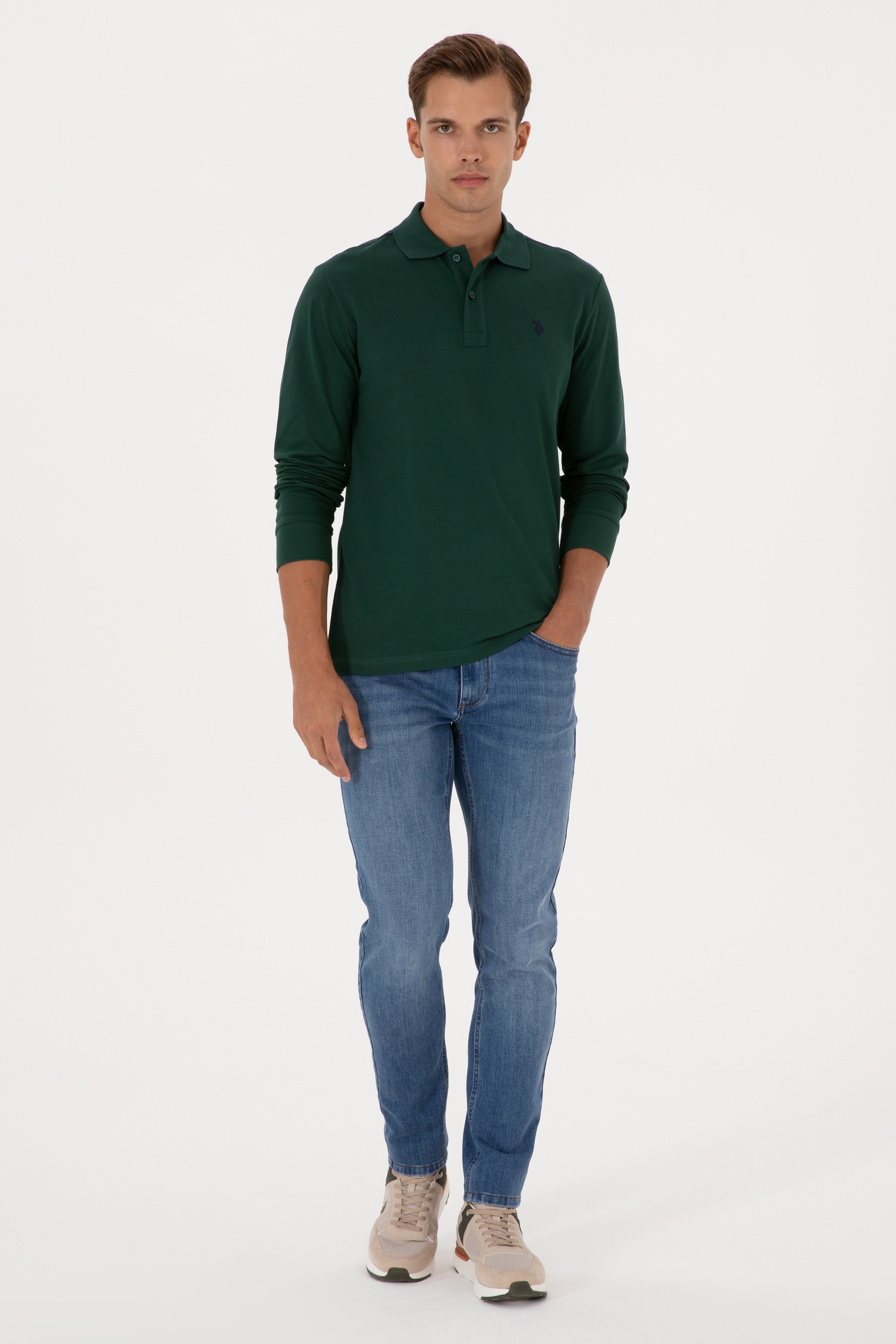 Erkek Regular Fit Polo Yaka Koyu Yeşil Basic Sweatshirt - Image 4