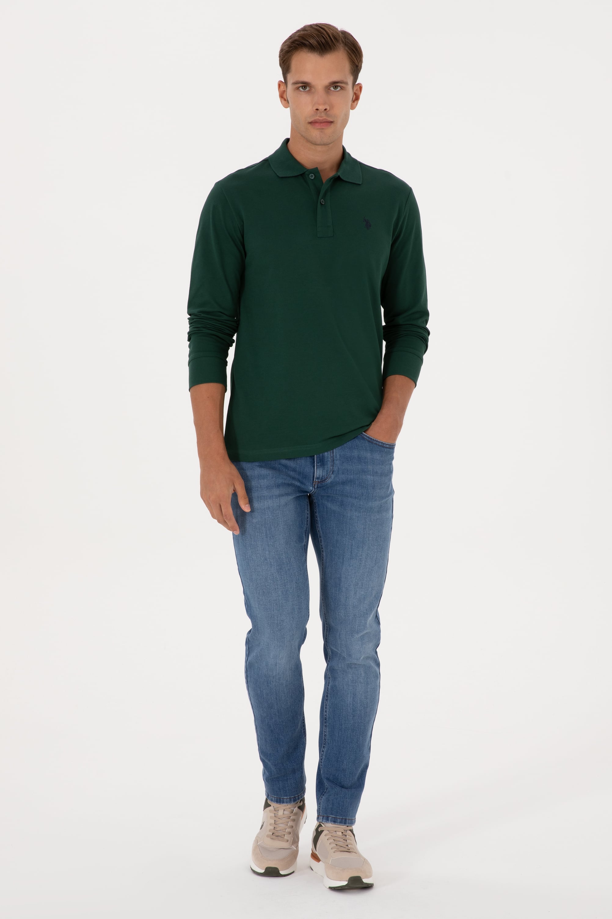 Erkek Regular Fit Polo Yaka Koyu Yeşil Basic Sweatshirt
