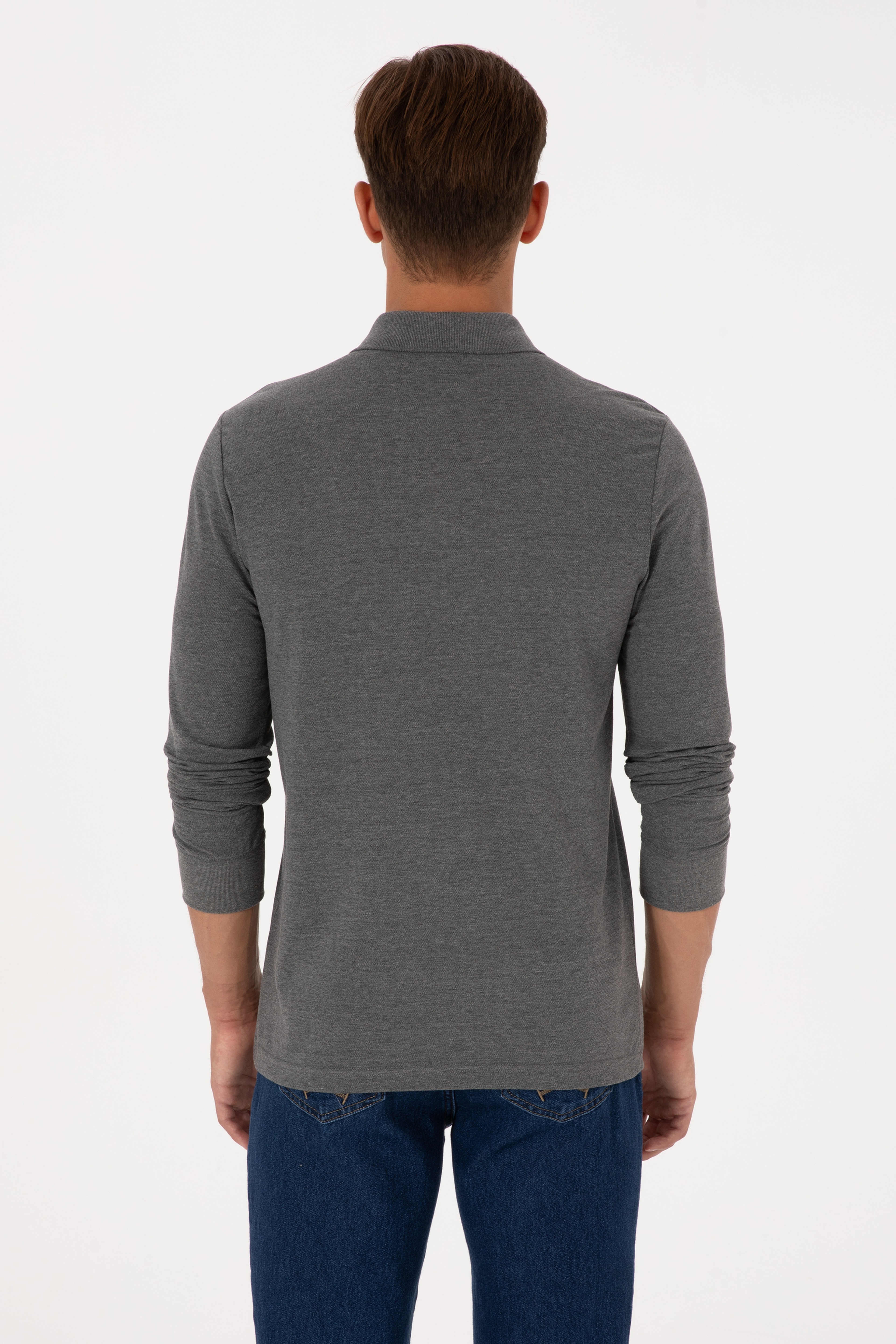 Erkek Regular Fit Polo Yaka Antrasit Melanj Basic Sweatshirt