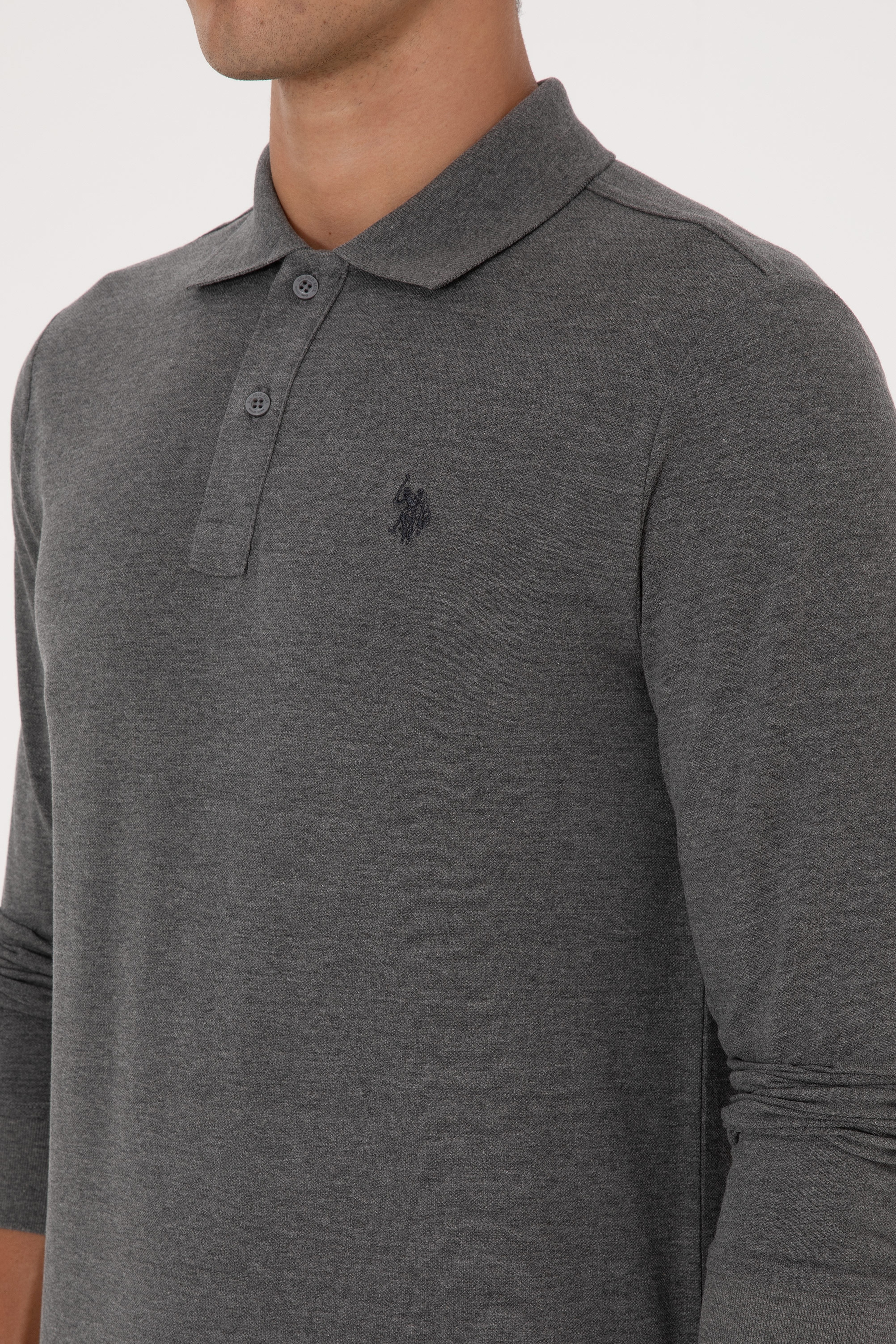 Erkek Regular Fit Polo Yaka Antrasit Melanj Basic Sweatshirt