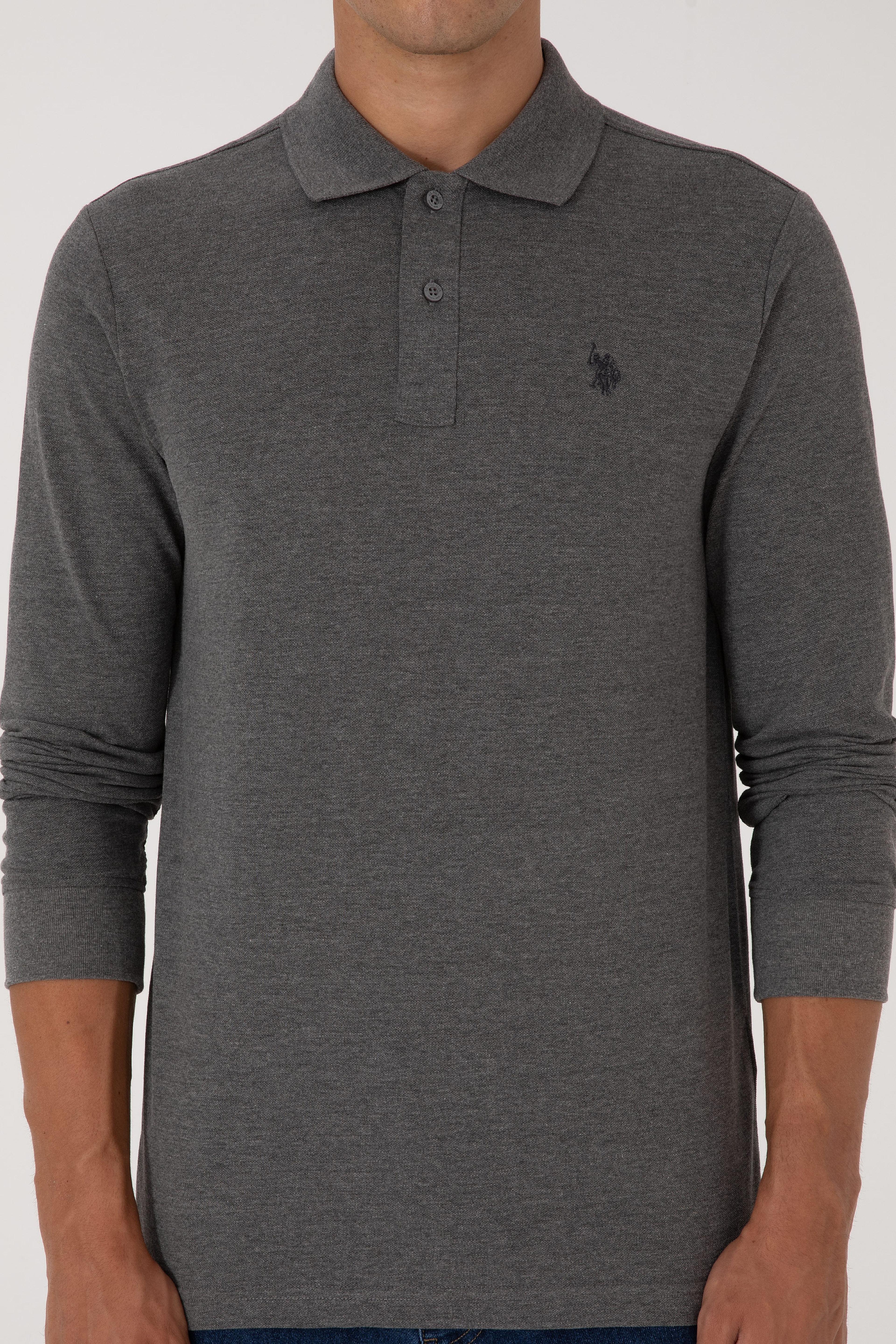 Erkek Regular Fit Polo Yaka Antrasit Melanj Basic Sweatshirt