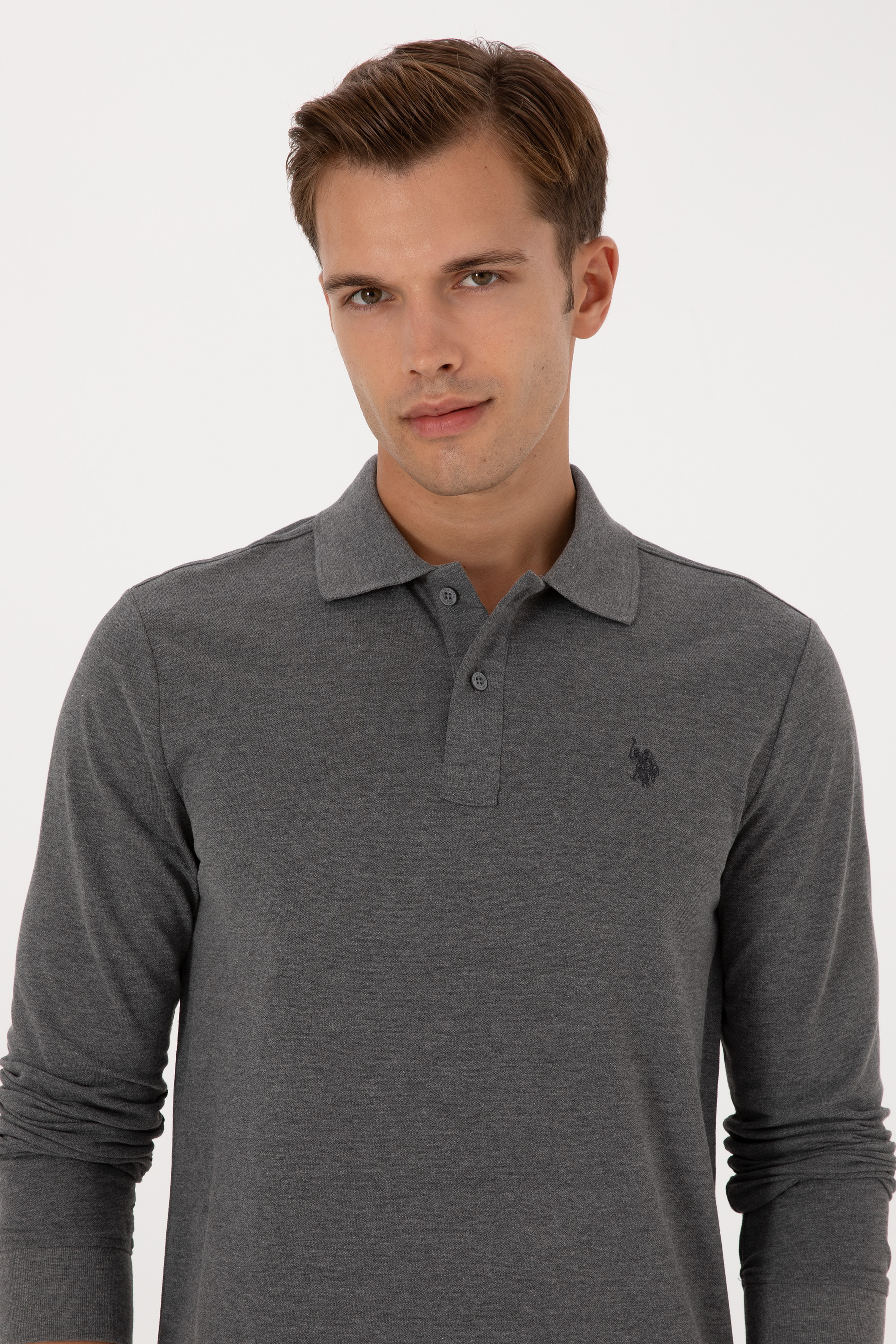 Erkek Regular Fit Polo Yaka Antrasit Melanj Basic Sweatshirt