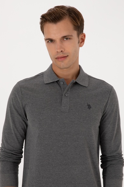 Erkek Regular Fit Polo Yaka Antrasit Melanj Basic Sweatshirt