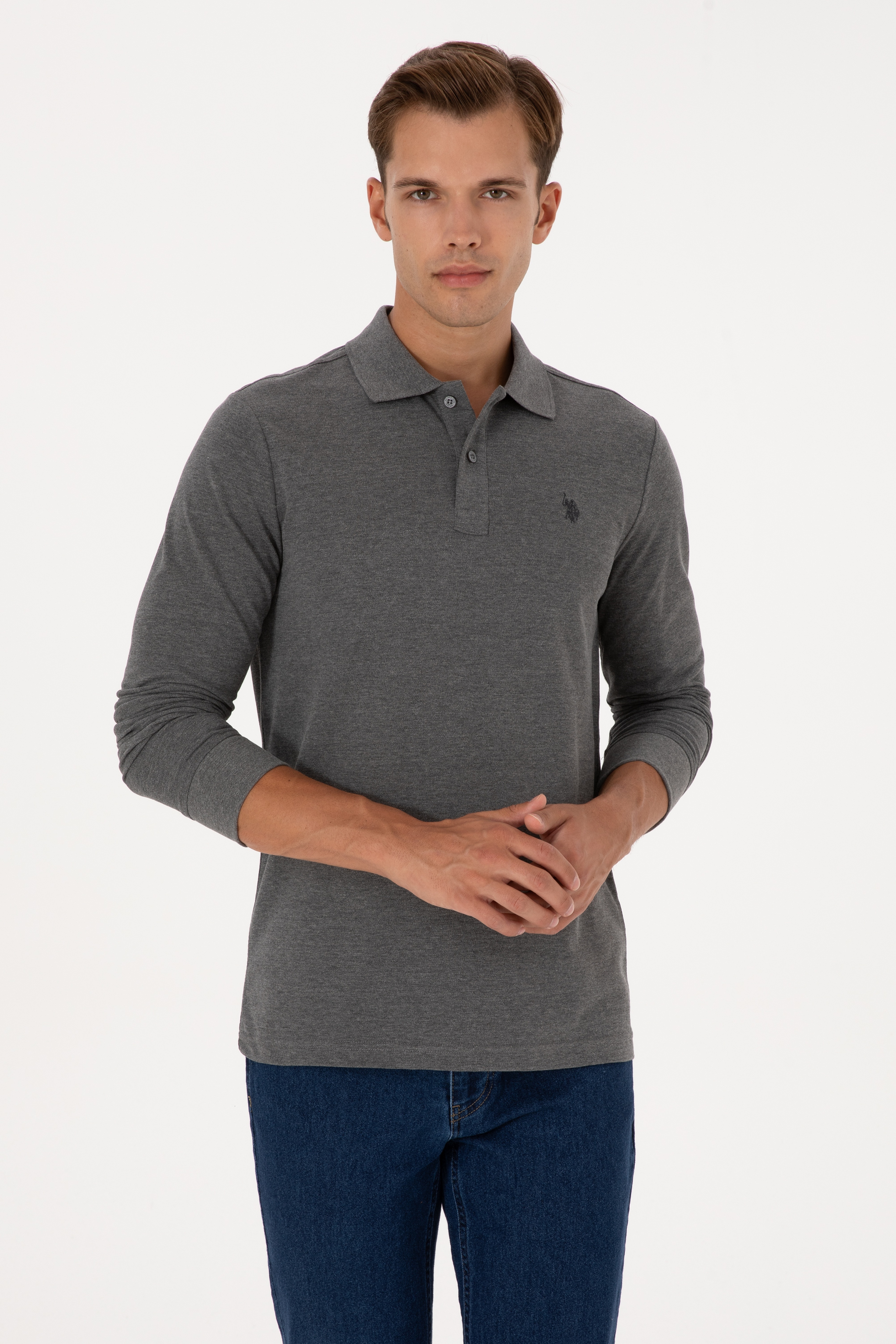 Erkek Regular Fit Polo Yaka Antrasit Melanj Basic Sweatshirt - Image 1