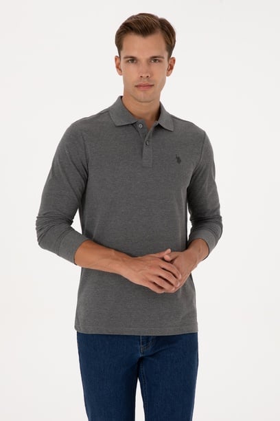 Erkek Regular Fit Polo Yaka Antrasit Melanj Basic Sweatshirt