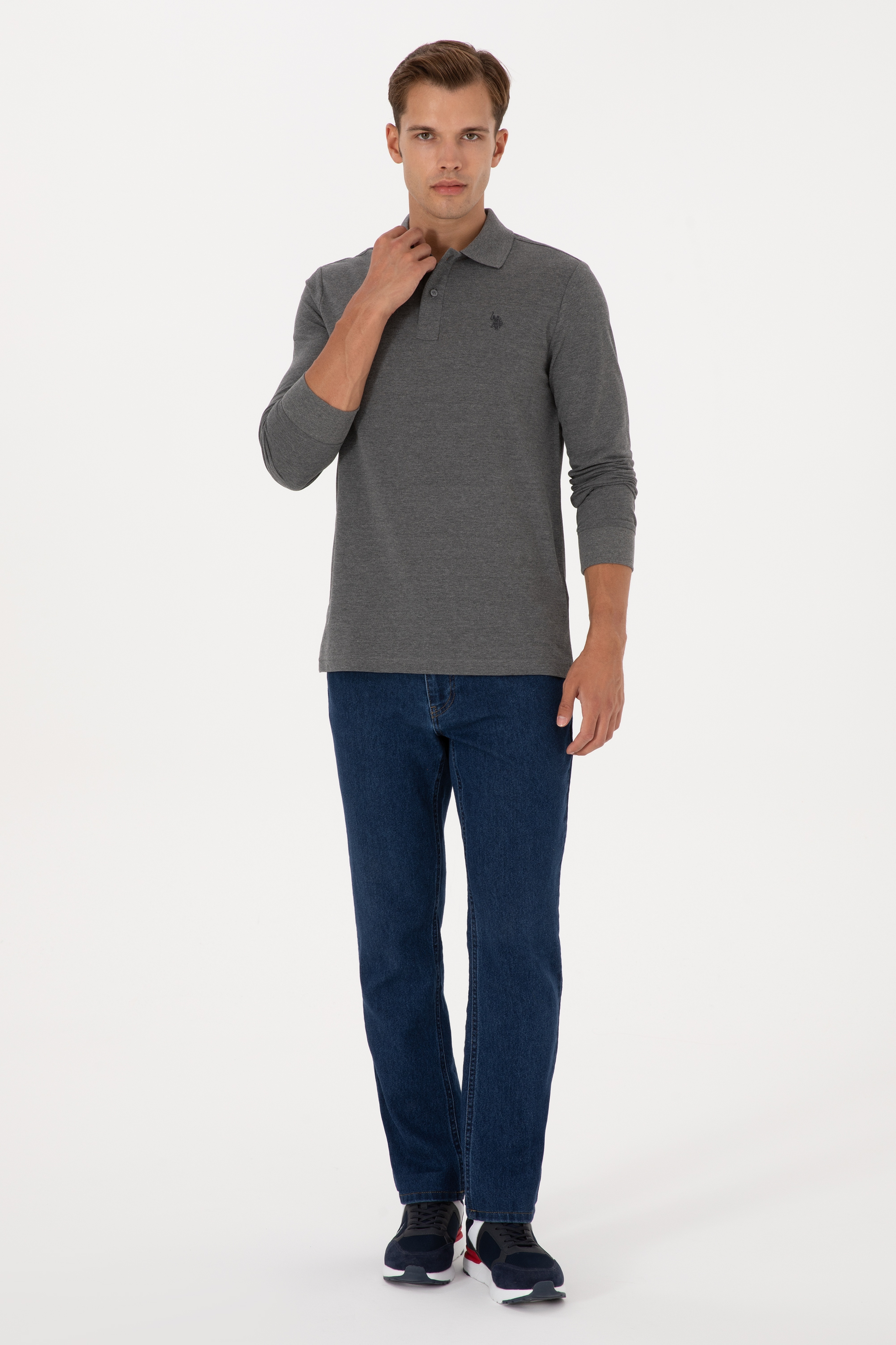 Erkek Regular Fit Polo Yaka Antrasit Melanj Basic Sweatshirt