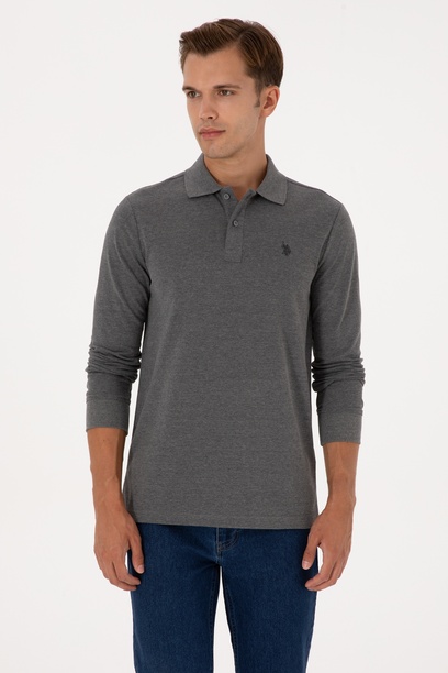 Erkek Regular Fit Polo Yaka Antrasit Melanj Basic Sweatshirt