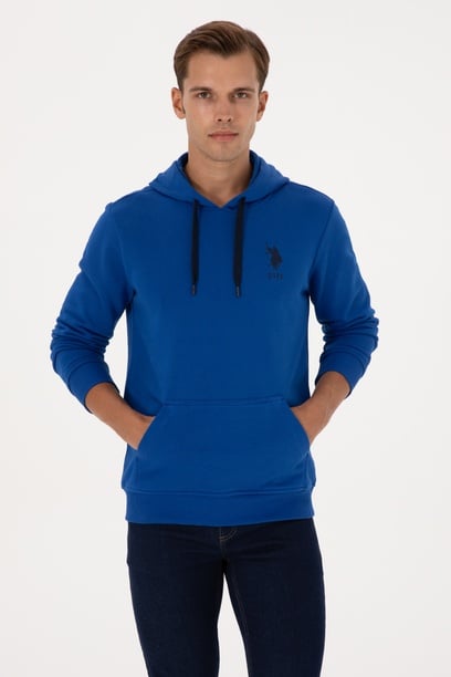 Erkek Regular Fit Kapüşonlu Mavi Basic Sweatshirt