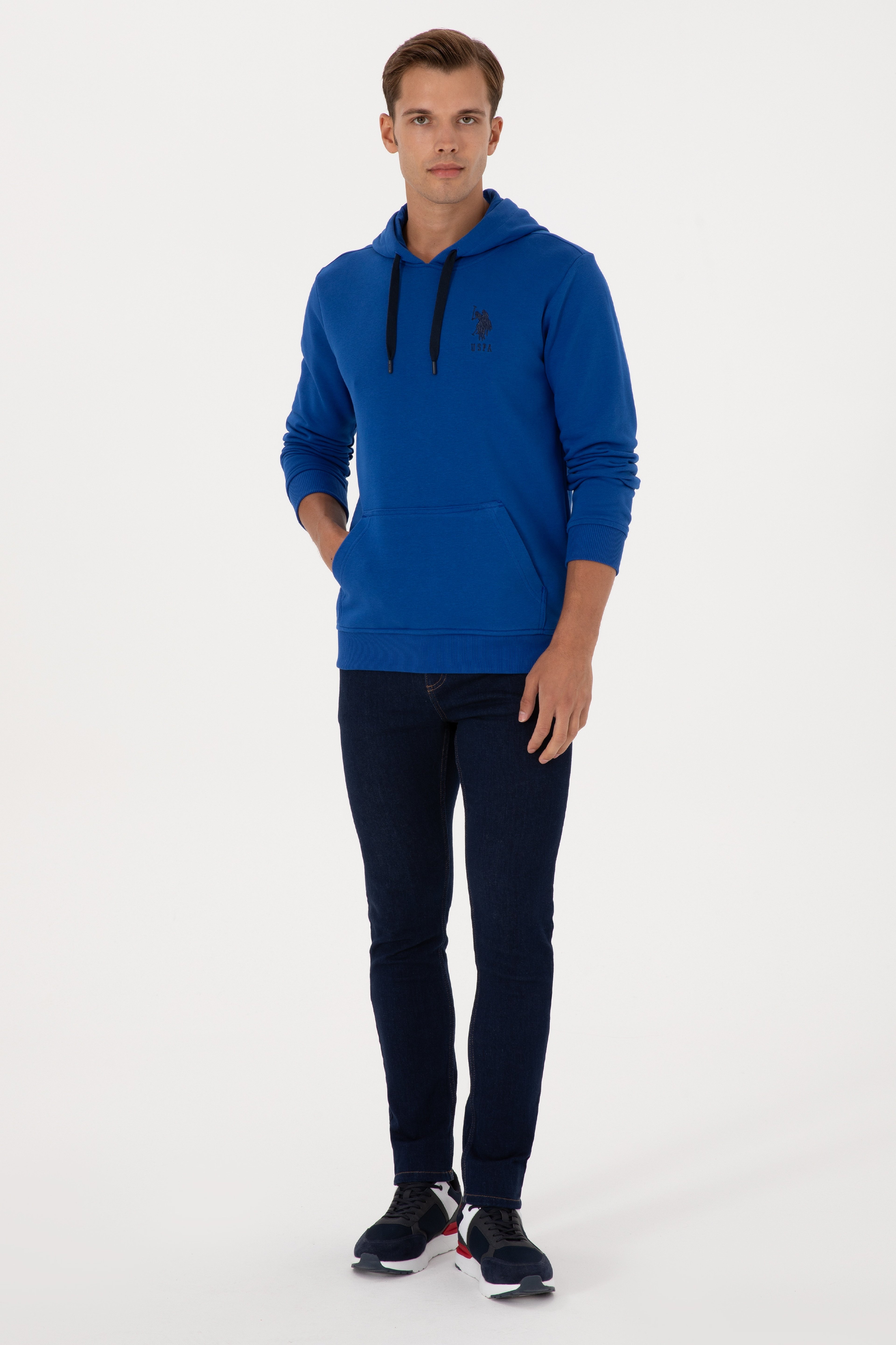 Erkek Regular Fit Kapüşonlu Mavi Basic Sweatshirt - Image 4
