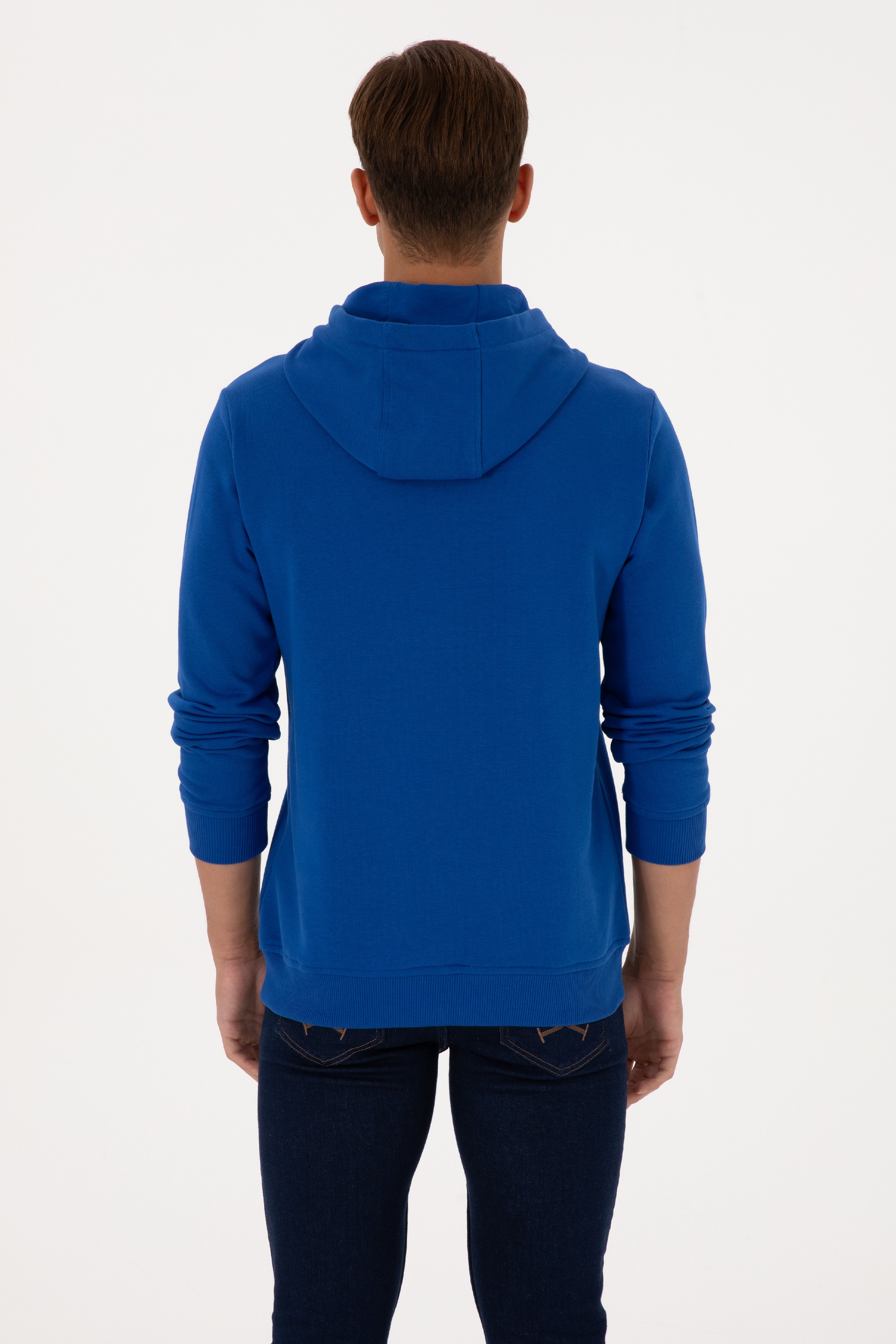 Erkek Regular Fit Kapüşonlu Mavi Basic Sweatshirt - Image 5