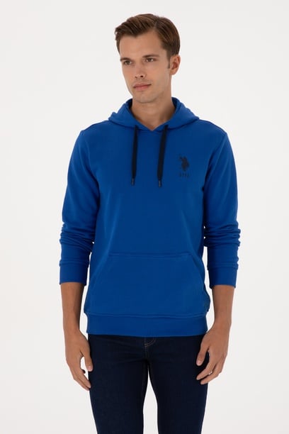 Erkek Regular Fit Kapüşonlu Mavi Basic Sweatshirt