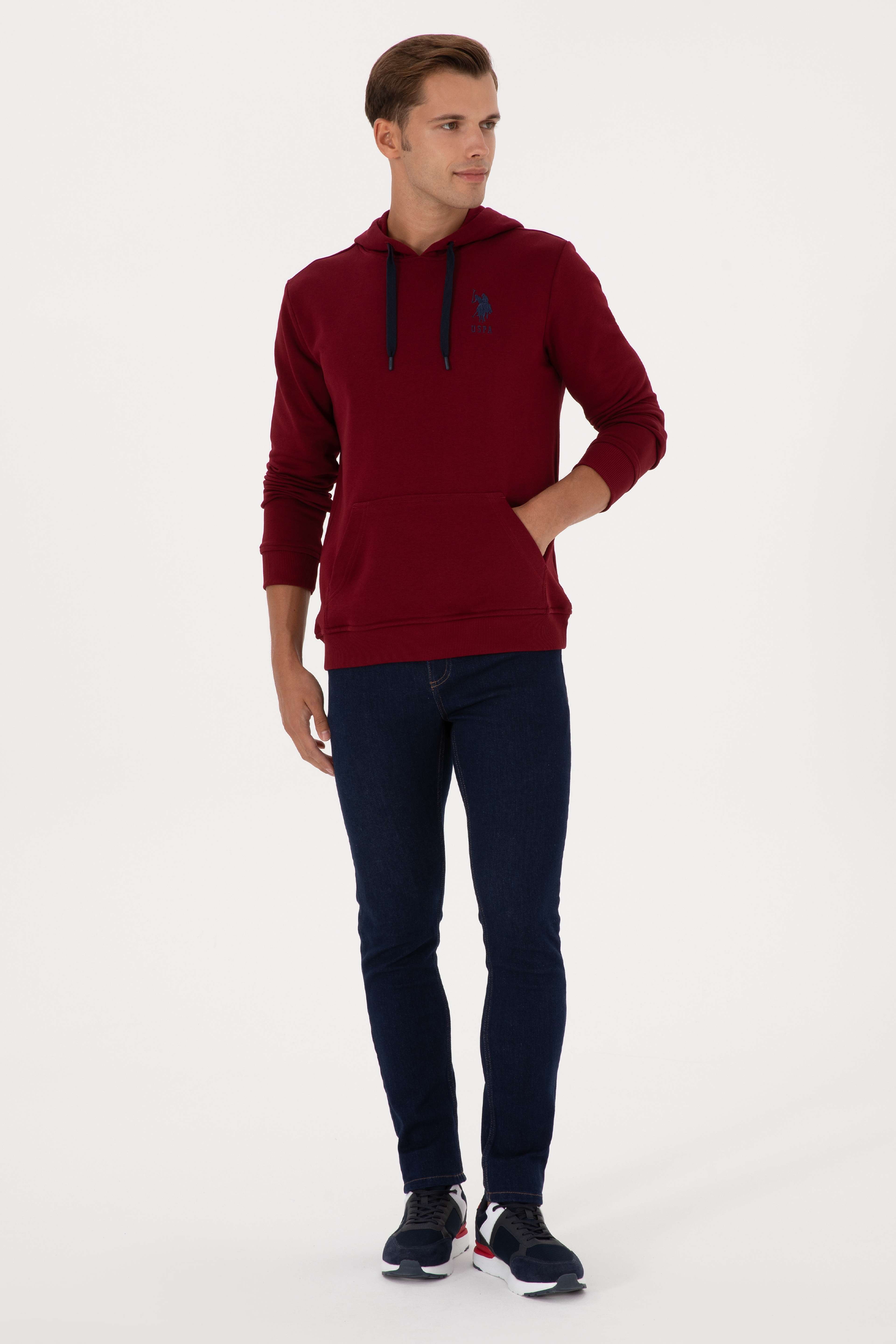 Erkek Regular Fit Kapüşonlu Bordo Basic Sweatshirt - Image 4