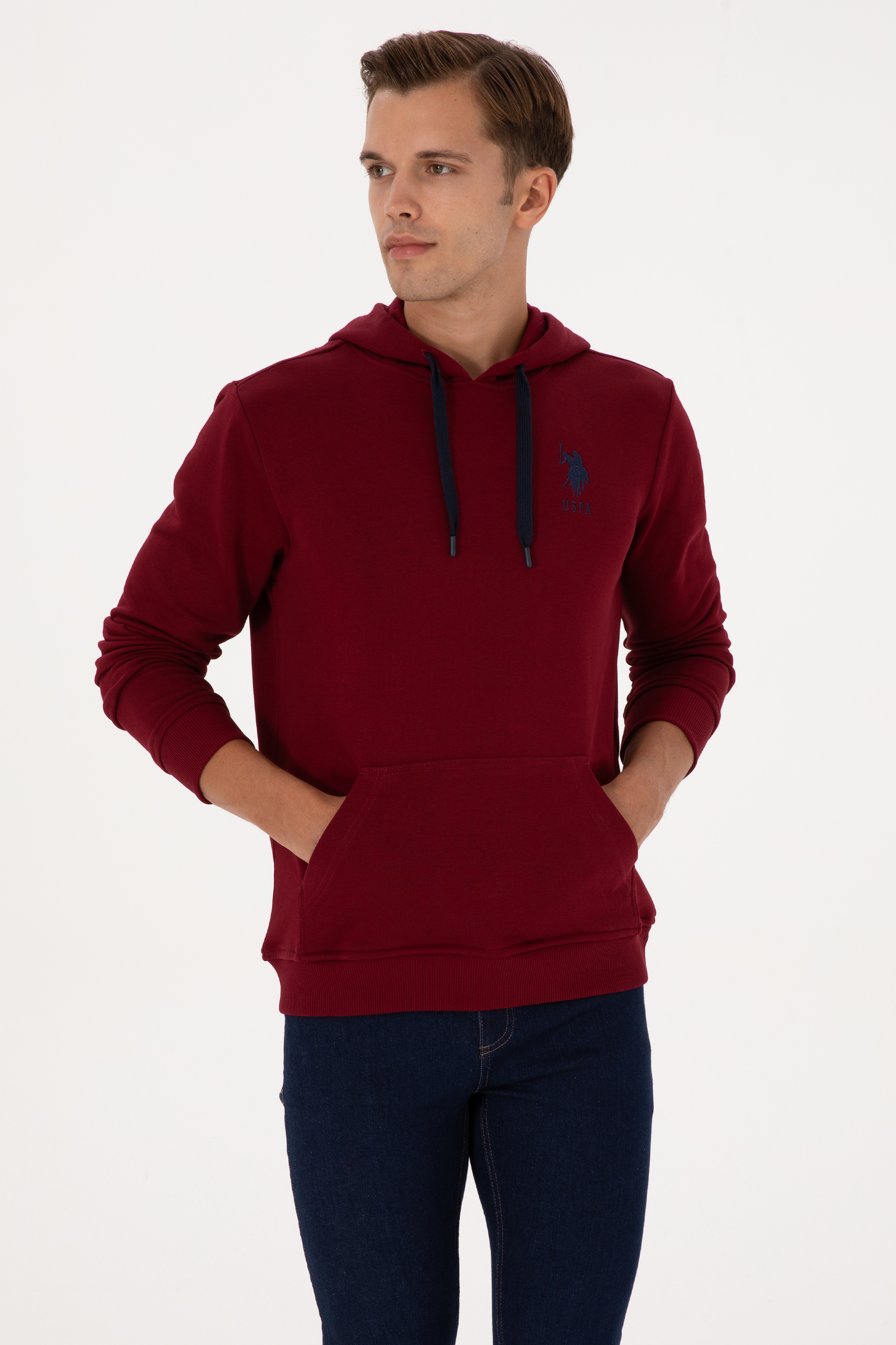 Erkek Regular Fit Kapüşonlu Bordo Basic Sweatshirt - Image 3