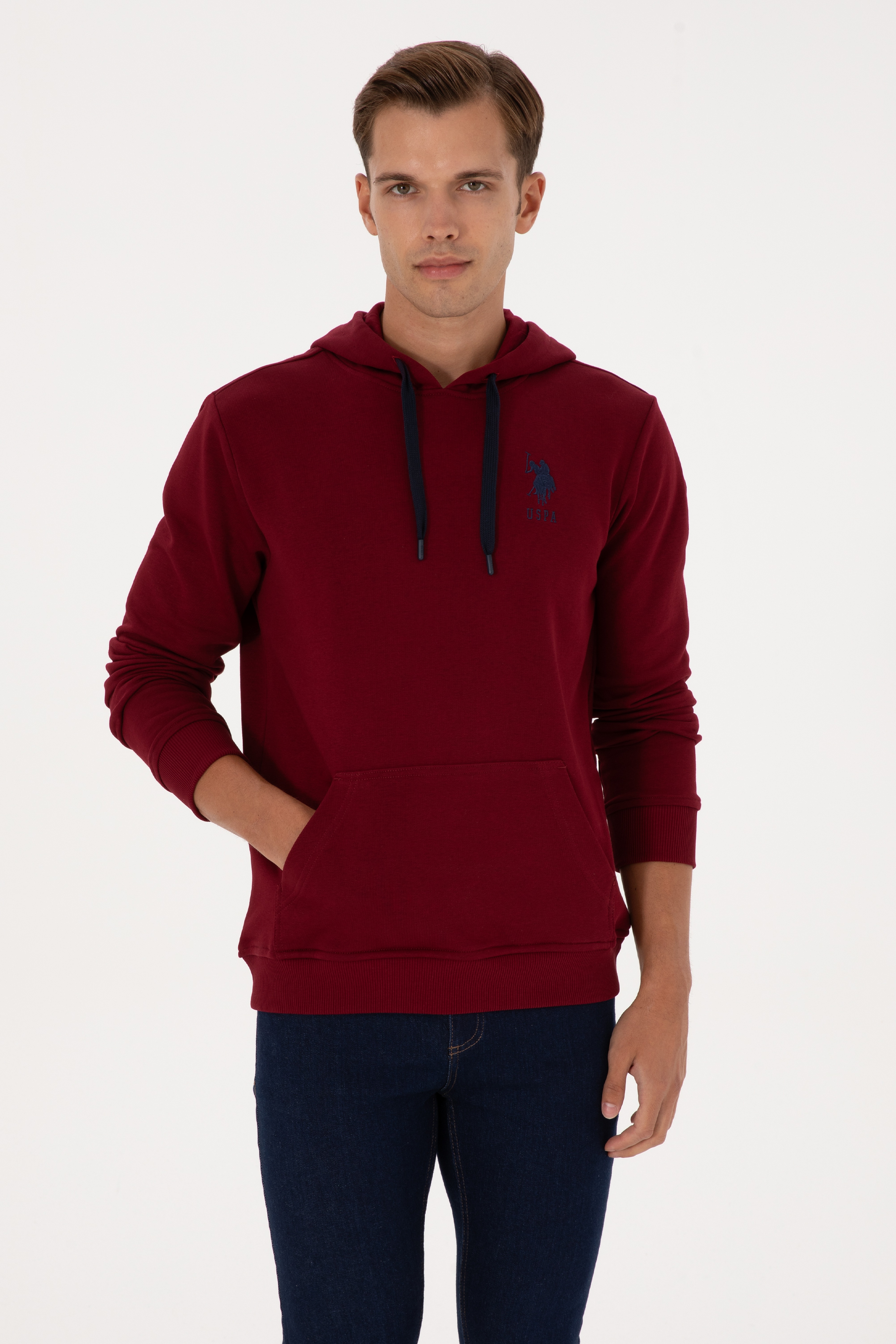 Erkek Regular Fit Kapüşonlu Bordo Basic Sweatshirt