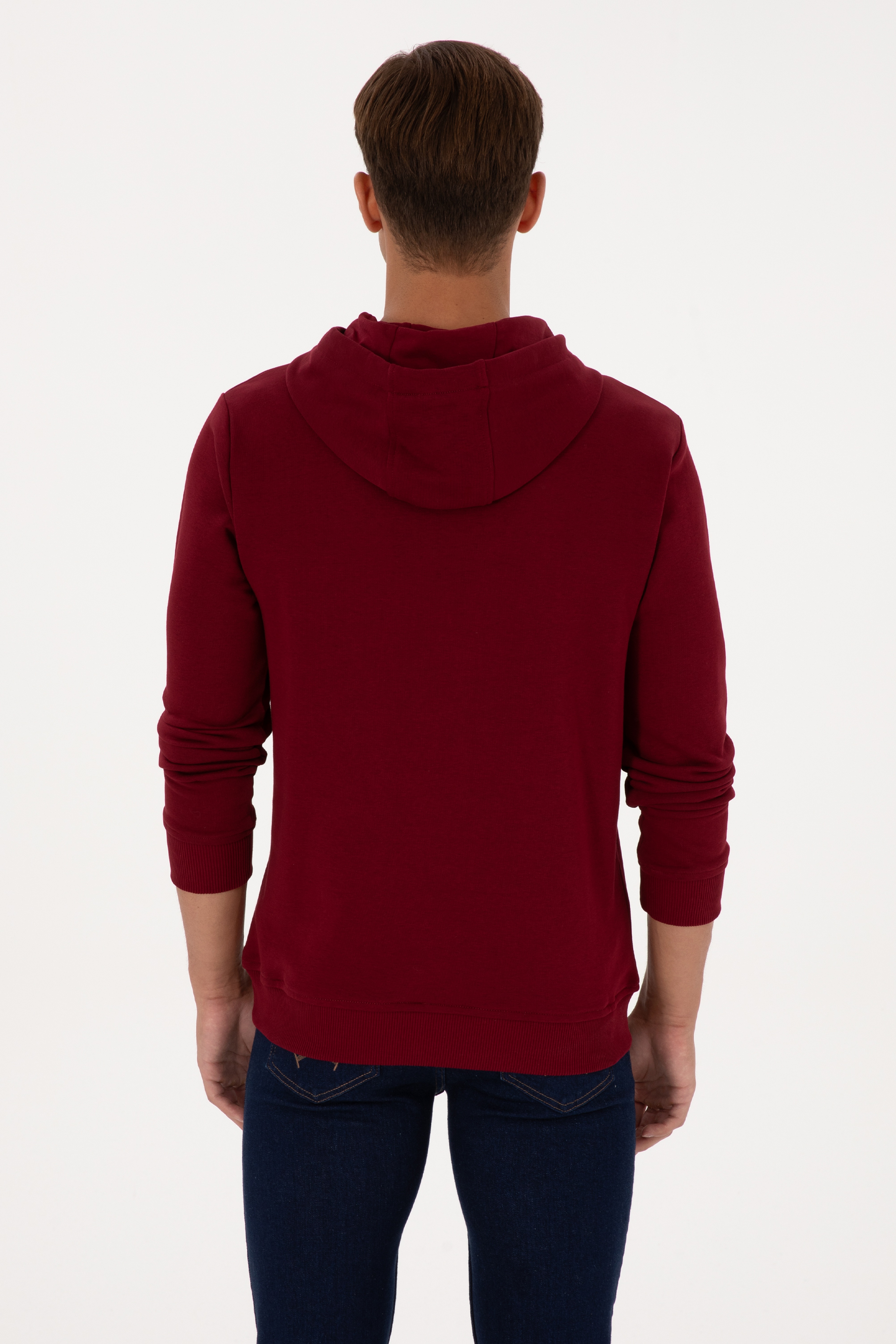 Erkek Regular Fit Kapüşonlu Bordo Basic Sweatshirt