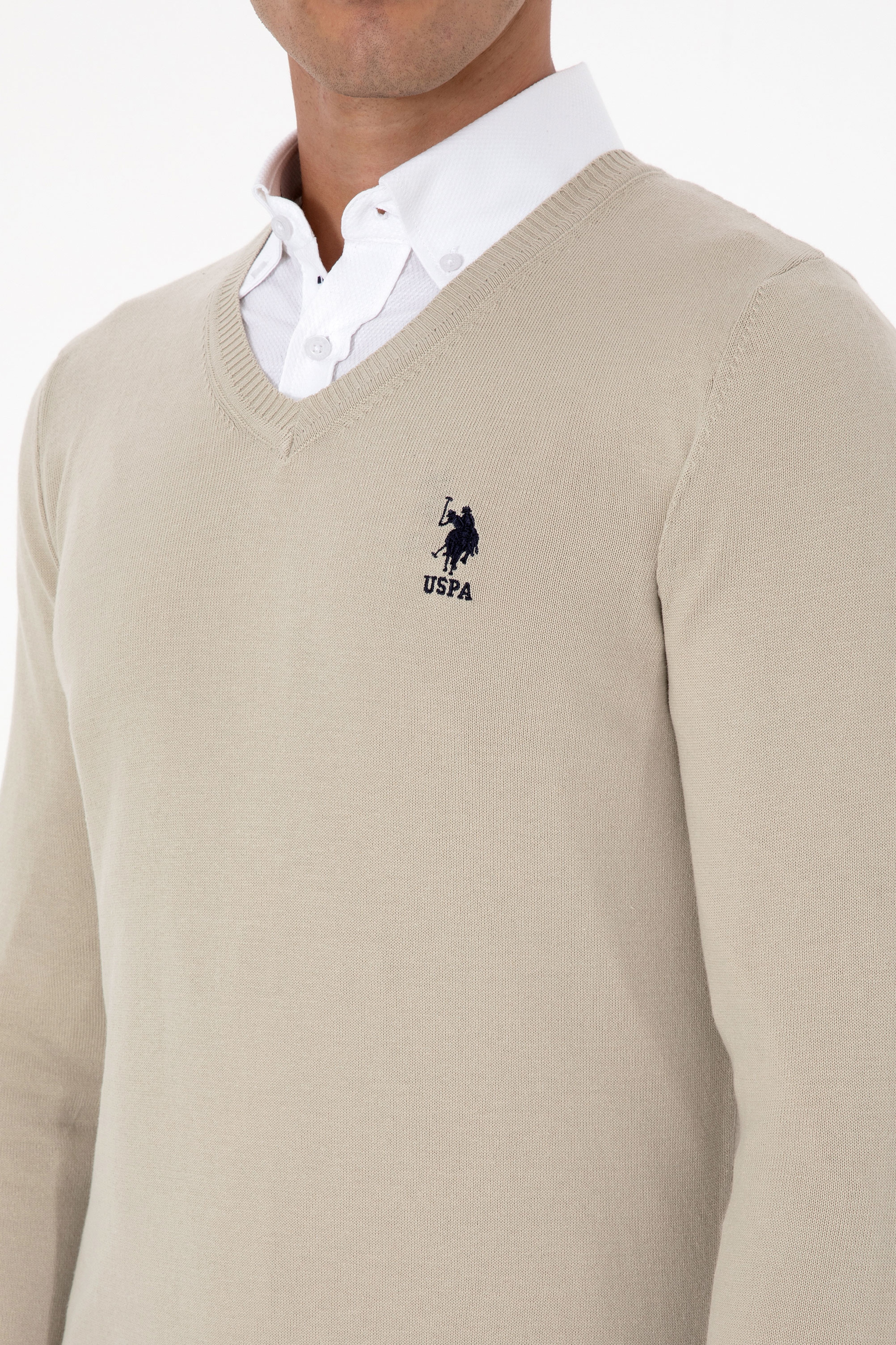 Erkek Slim Fit V Yaka Açık Haki Basic Kazak