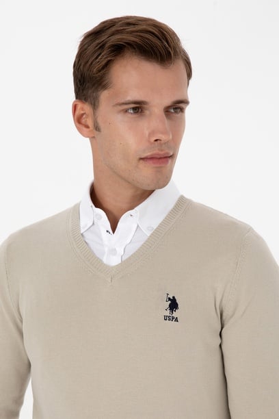 Erkek Slim Fit V Yaka Açık Haki Basic Kazak