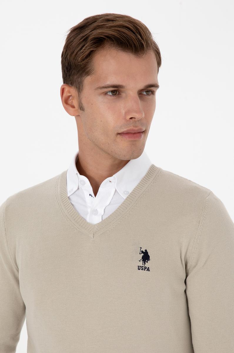 Erkek Slim Fit V Yaka Açık Haki Basic Kazak