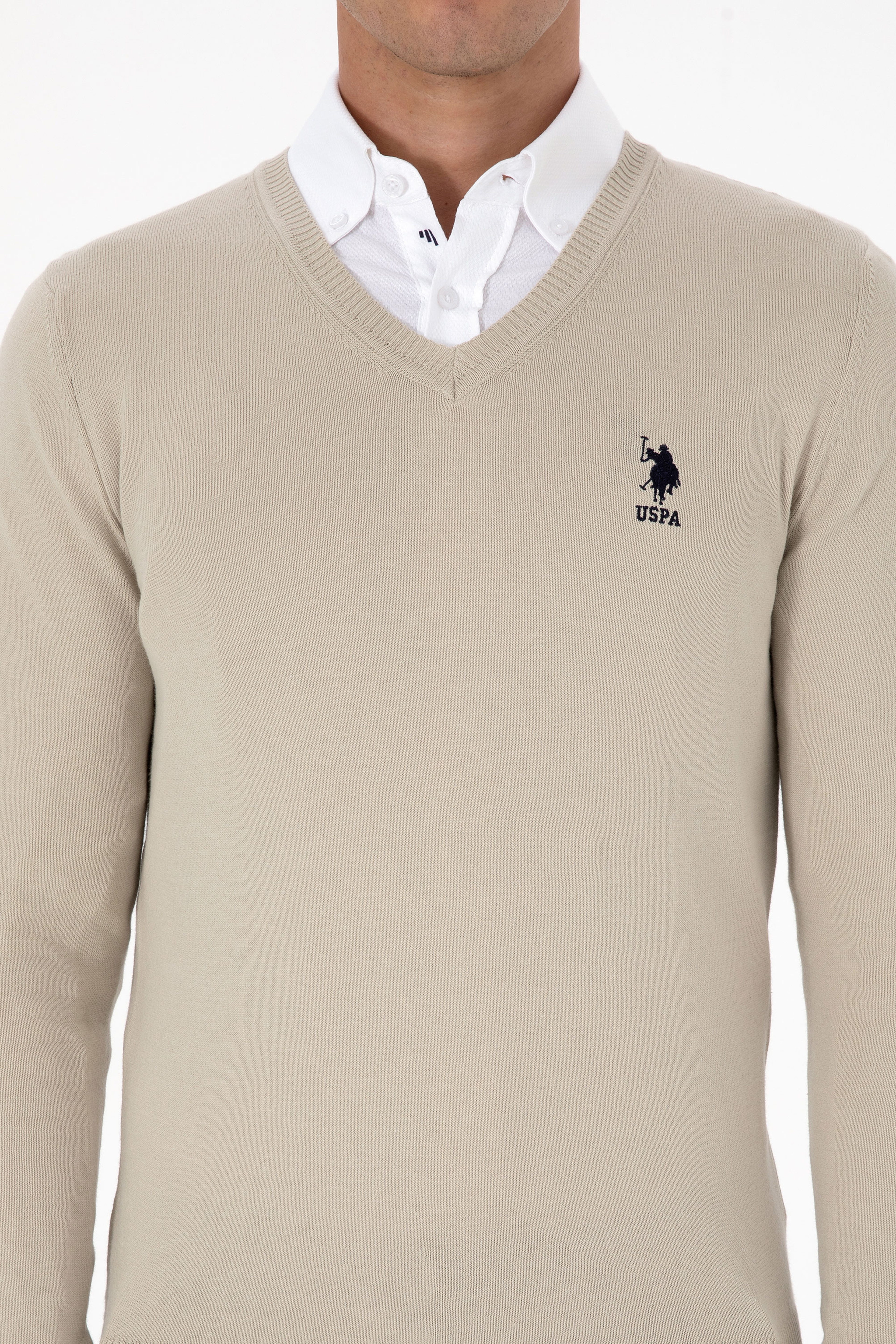 Erkek Slim Fit V Yaka Açık Haki Basic Kazak - Image 6