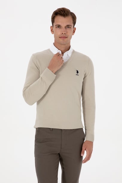 Erkek Slim Fit V Yaka Açık Haki Basic Kazak
