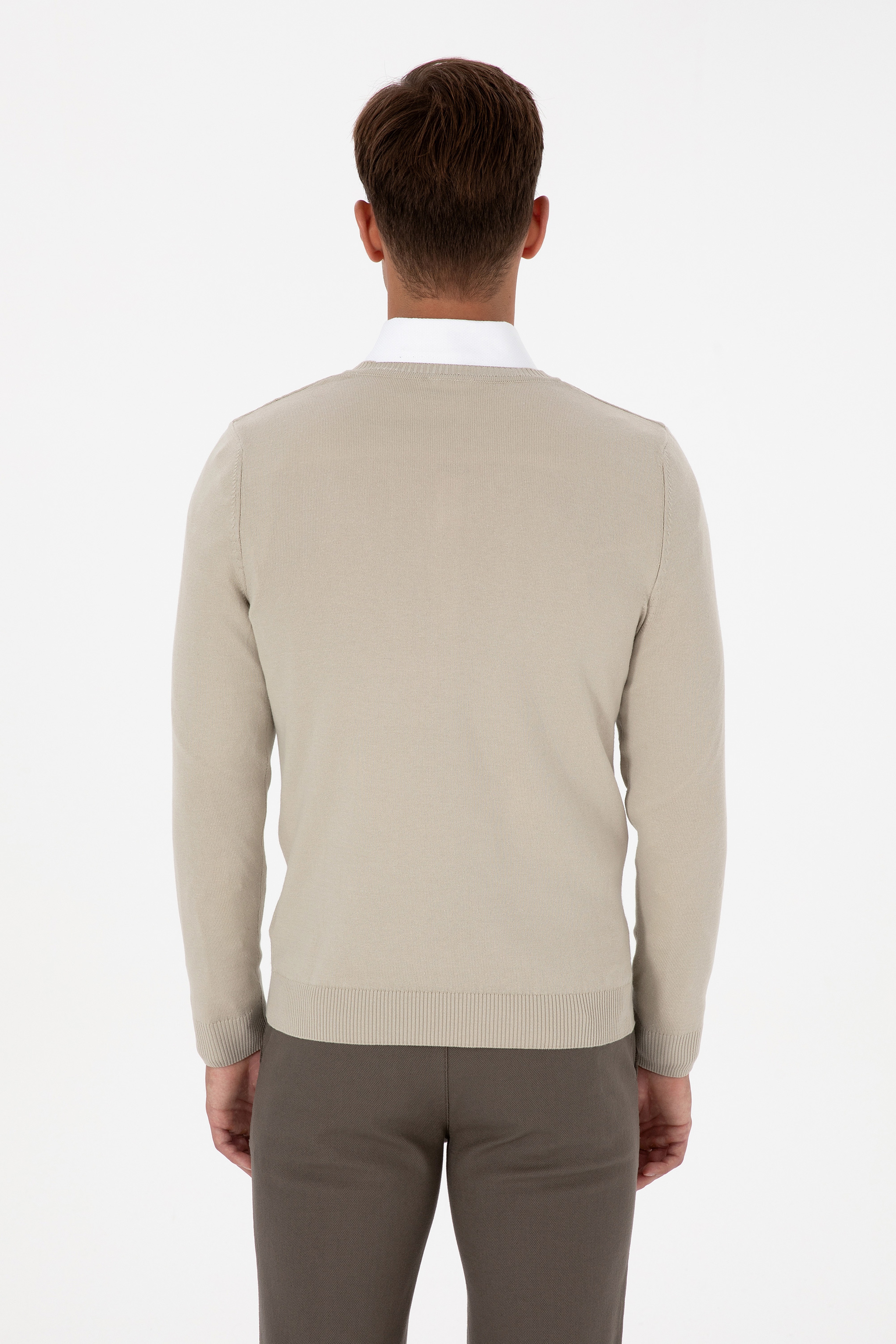 Erkek Slim Fit V Yaka Açık Haki Basic Kazak - Image 5