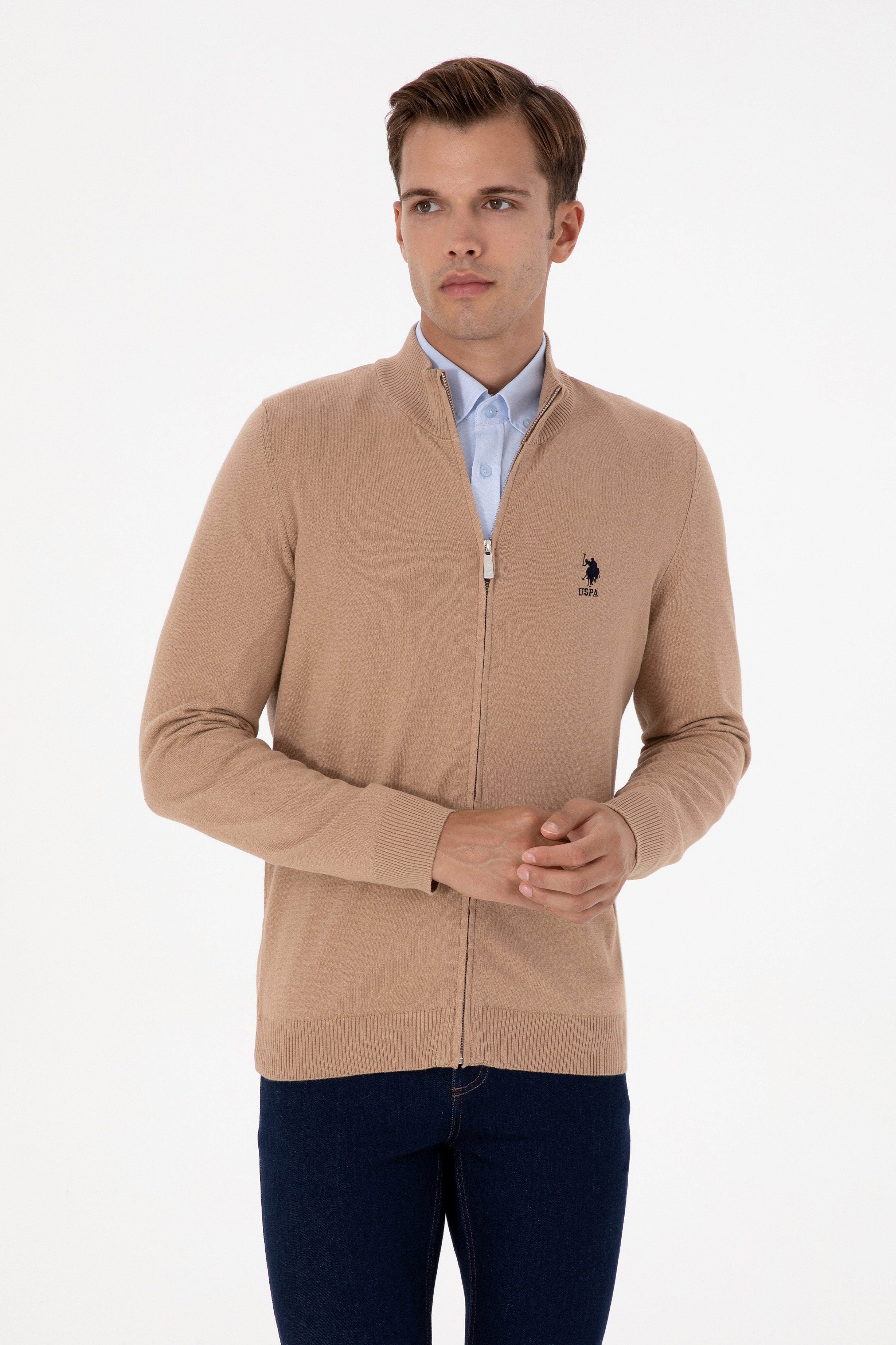 Erkek Camel Melanj Basic Triko Hırka - Image 3