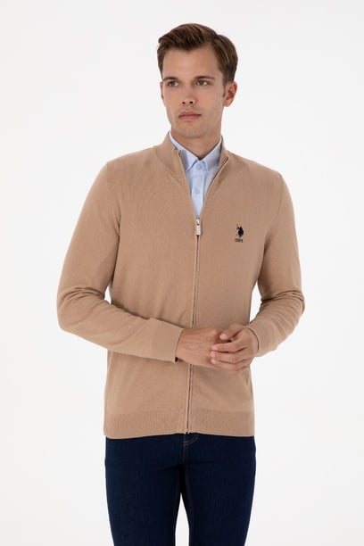 Erkek Camel Melanj Basic Triko Hırka