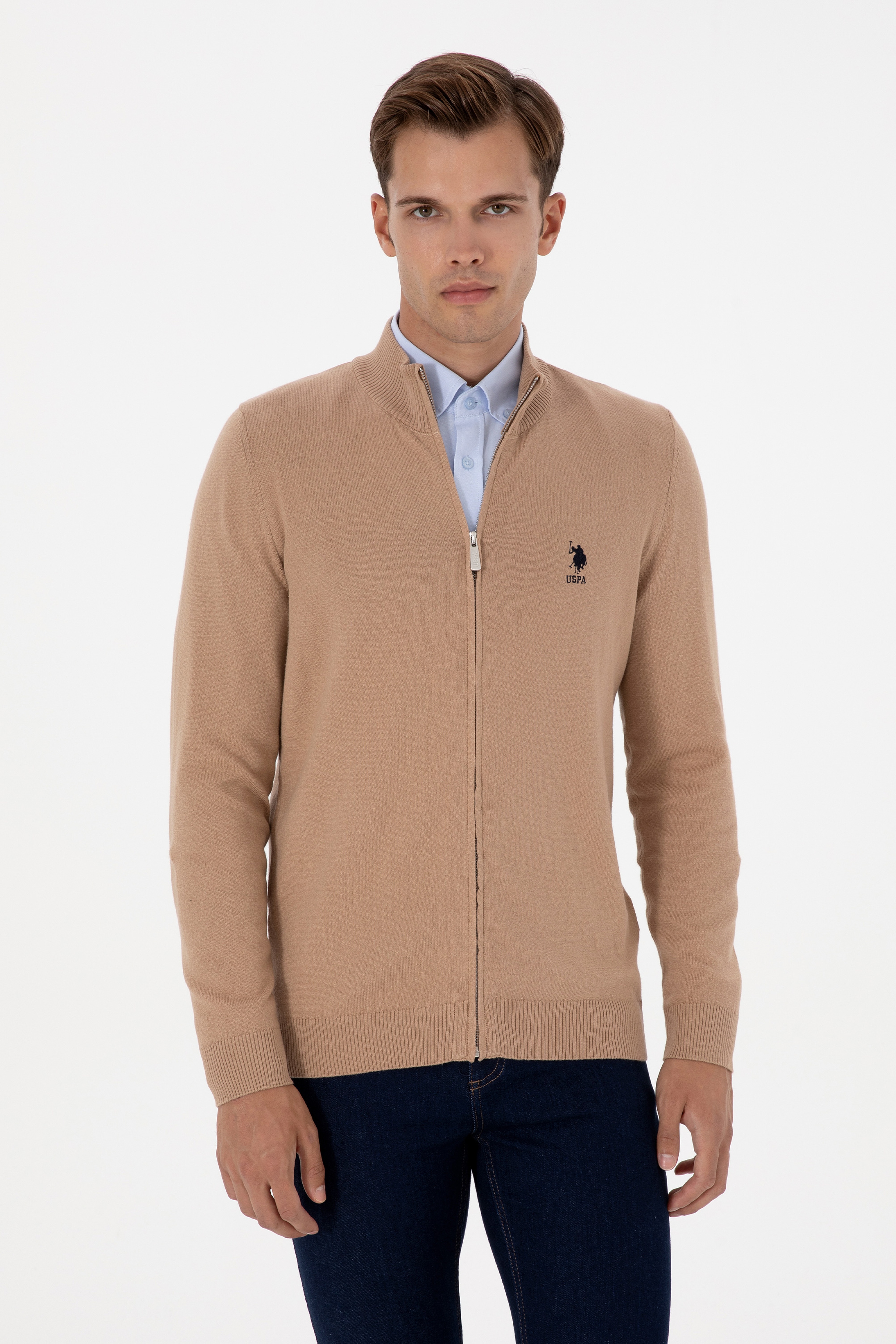 Erkek Camel Melanj Basic Triko Hırka - Image 1