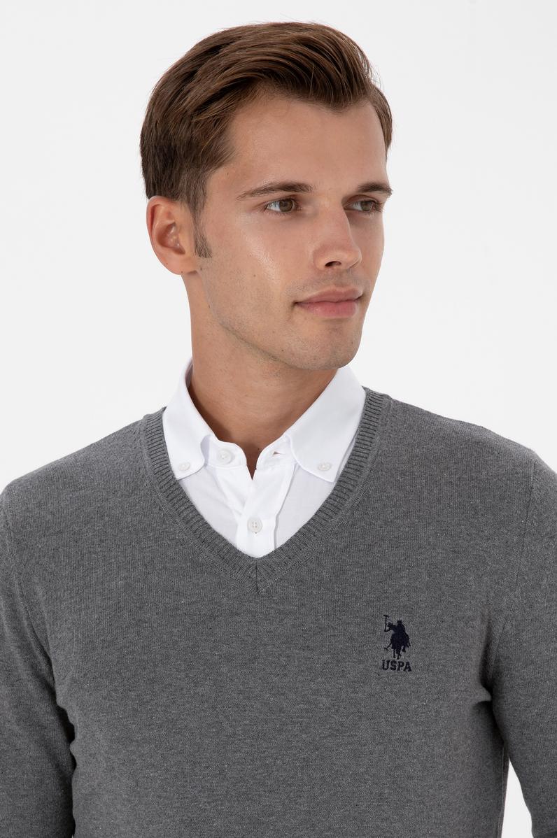 Erkek Slim Fit V Yaka Gri Melanj Basic Kazak