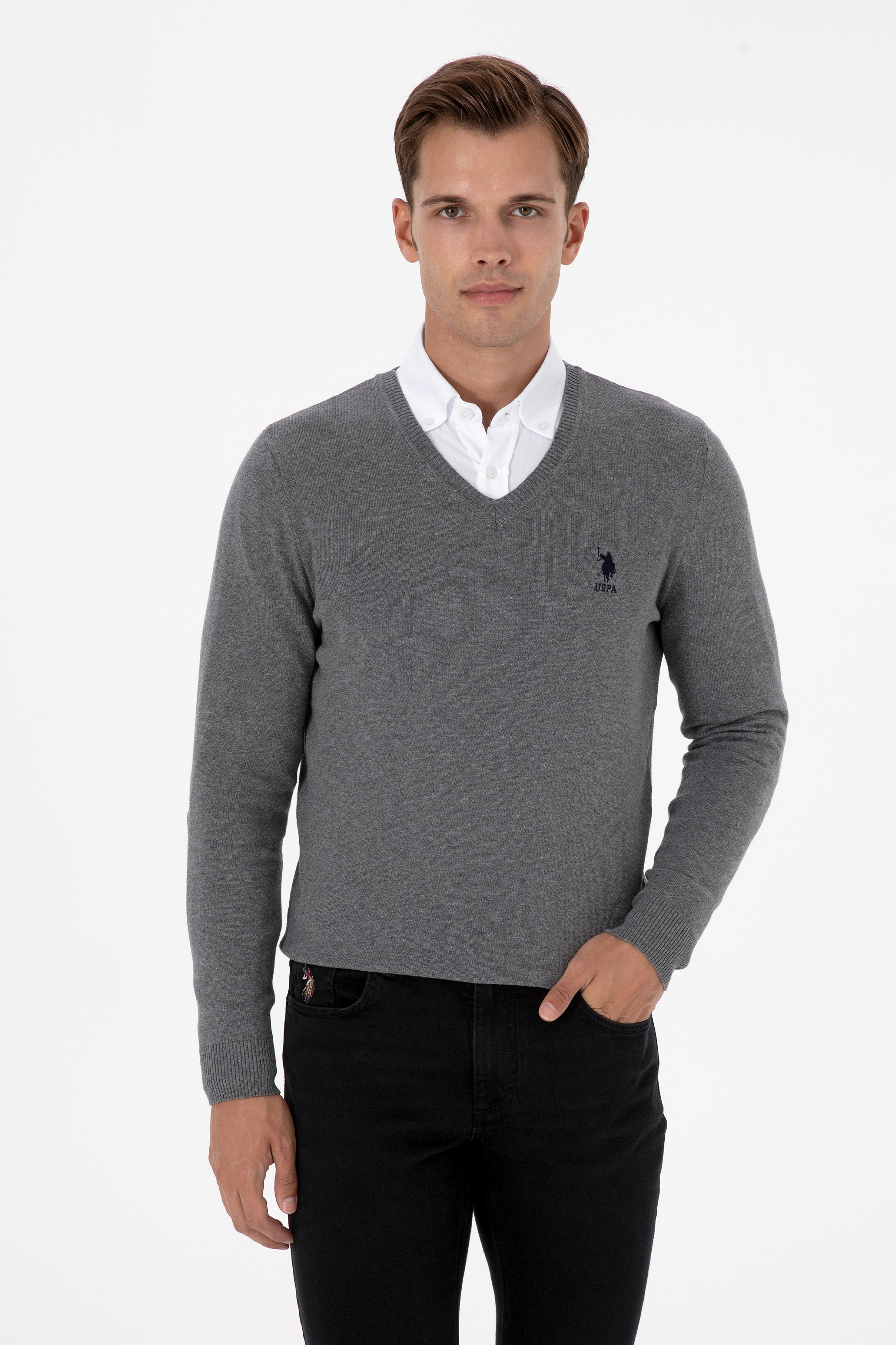 Erkek Slim Fit V Yaka Gri Melanj Basic Kazak - Image 1