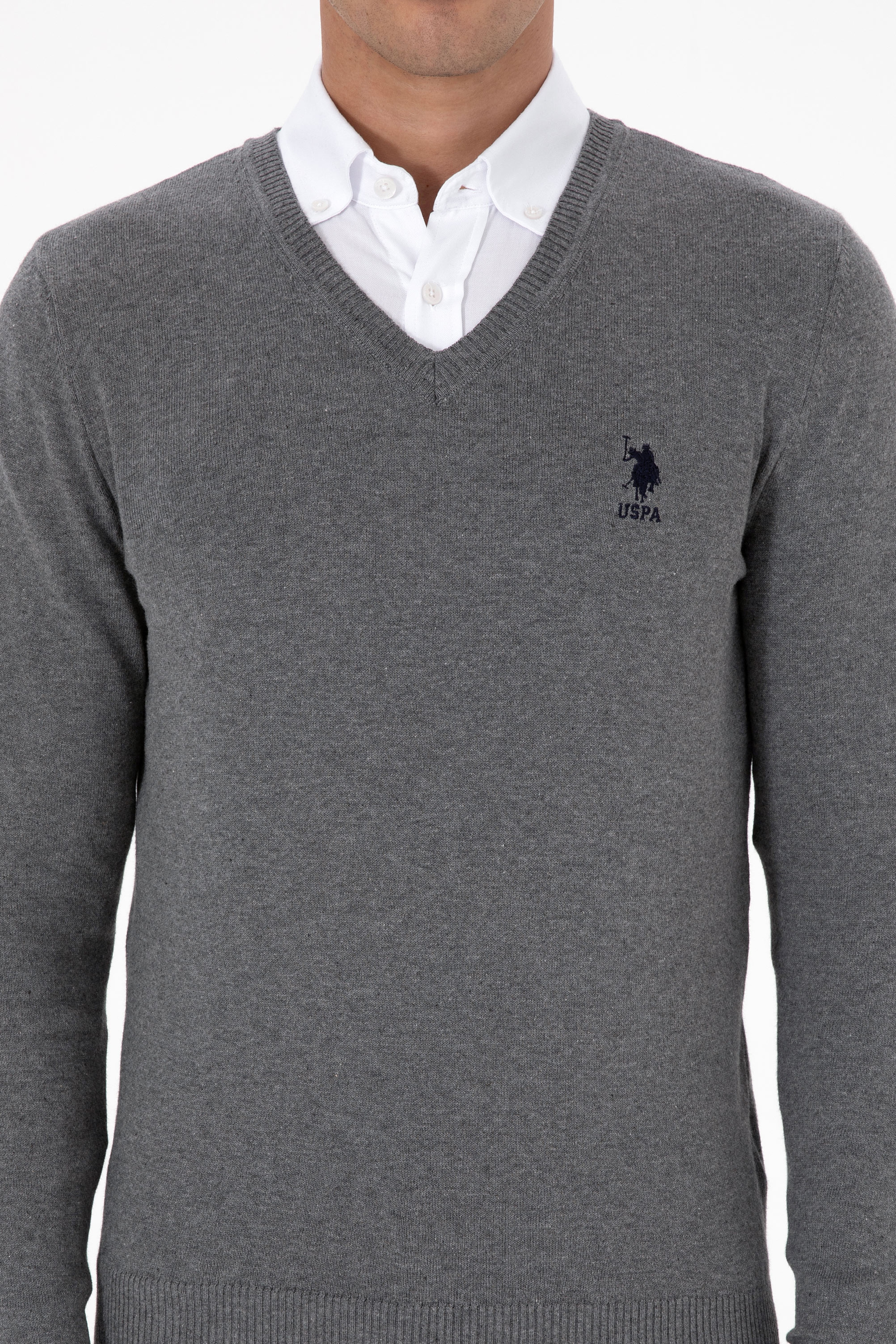Erkek Slim Fit V Yaka Gri Melanj Basic Kazak