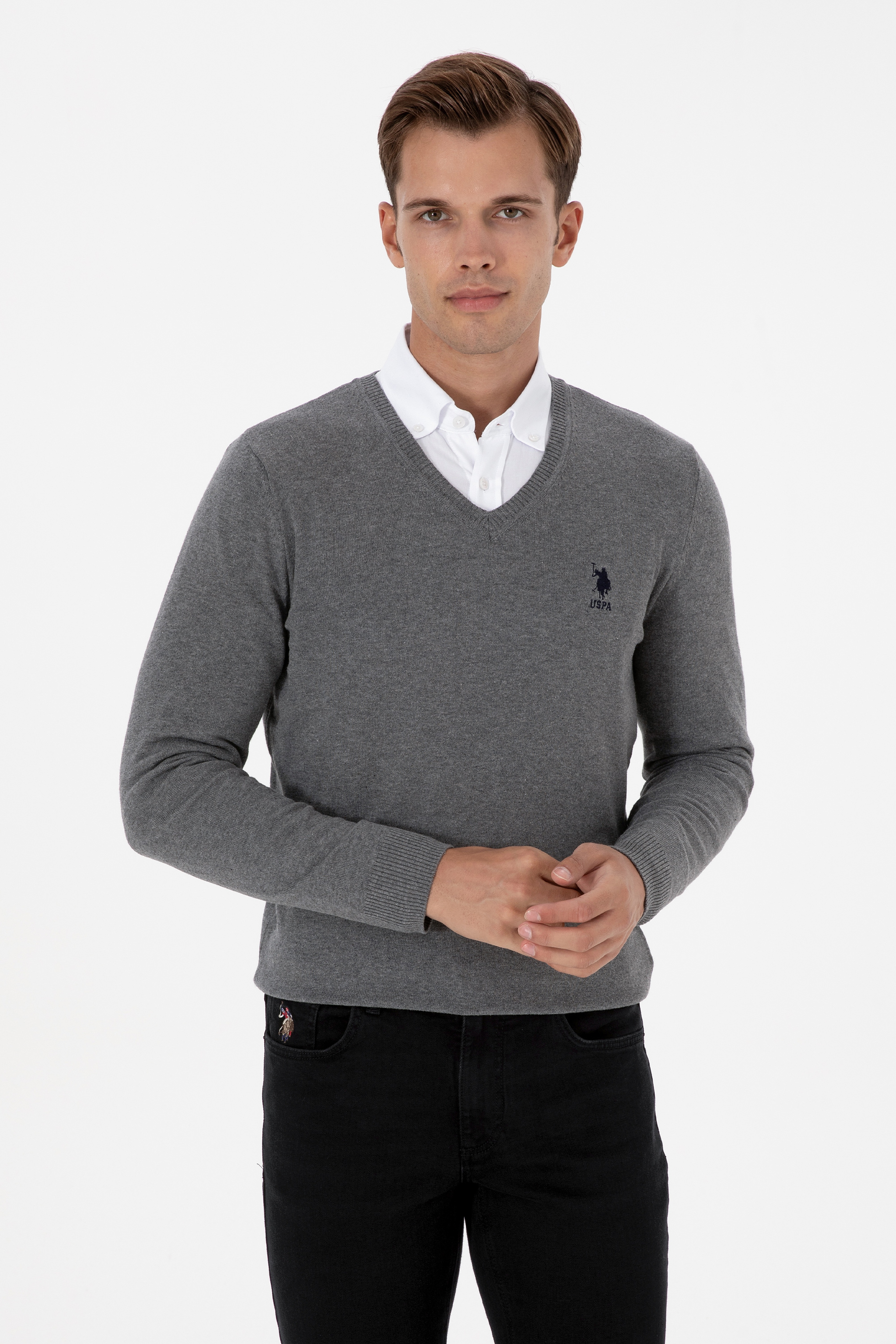 Erkek Slim Fit V Yaka Gri Melanj Basic Kazak
